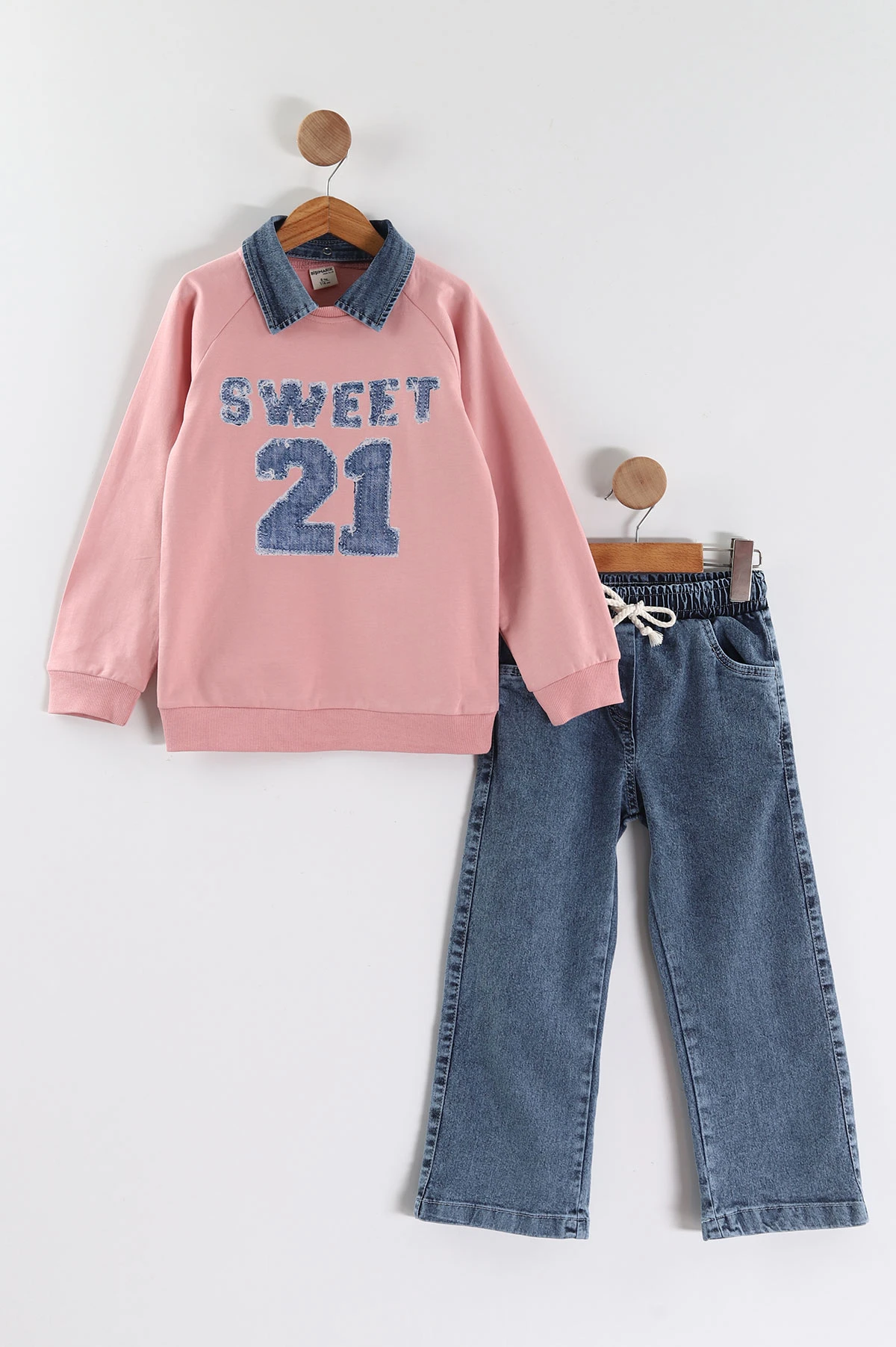 Pembe (1-9 Yaş) Sweet 21 Baskılı Gömlek Yaka Kot Pantolonlu Kız Çocuk 2'li Takım 441590