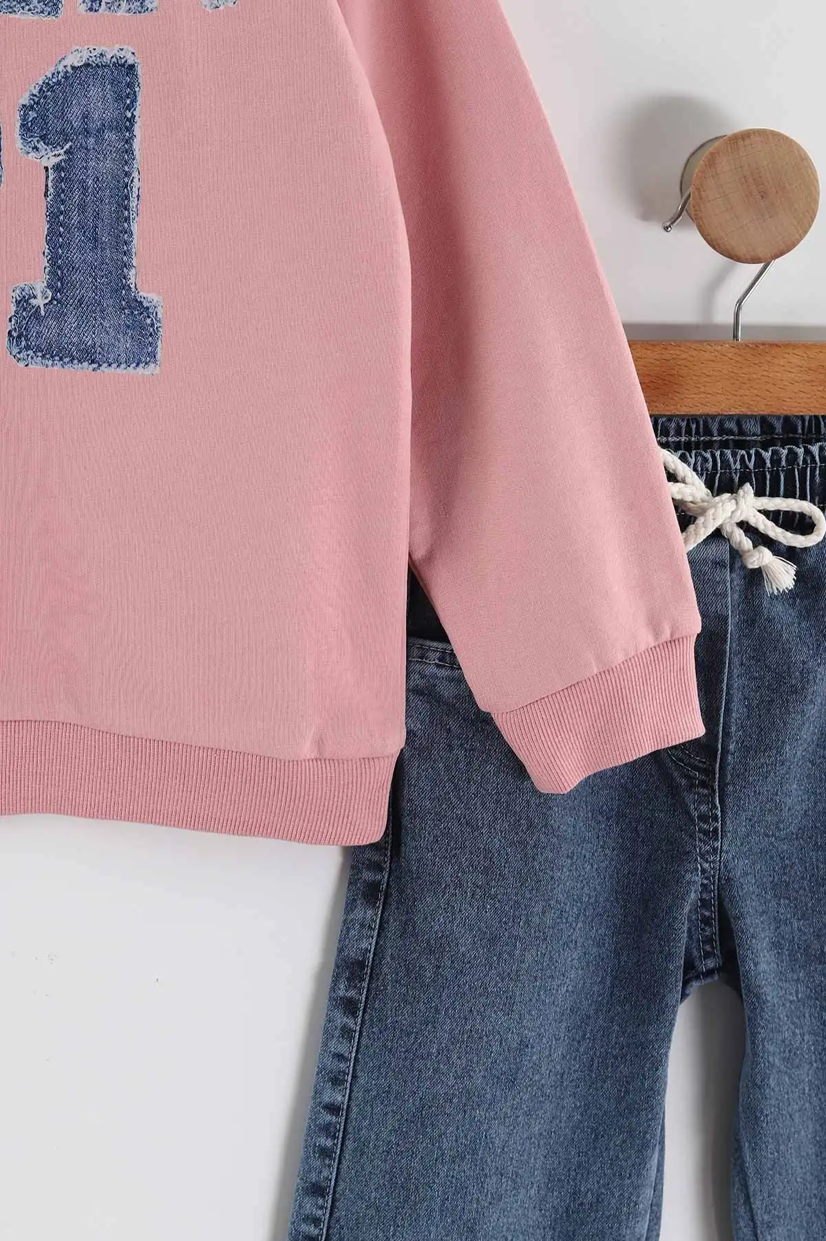 Pembe (1-9 Yaş) Sweet 21 Baskılı Gömlek Yaka Kot Pantolonlu Kız Çocuk 2'li Takım 441590
