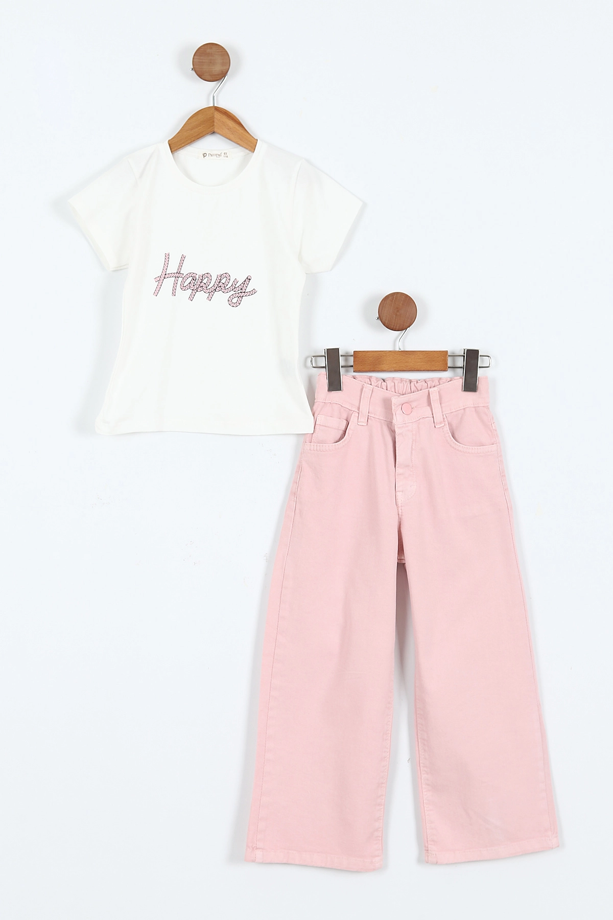 Pembe (1-9 Yaş)Happy Baskılı Tişörtlü Gabardin Pantolon ve Ceketli    Kız Çocuk 3'lü Takım 413514