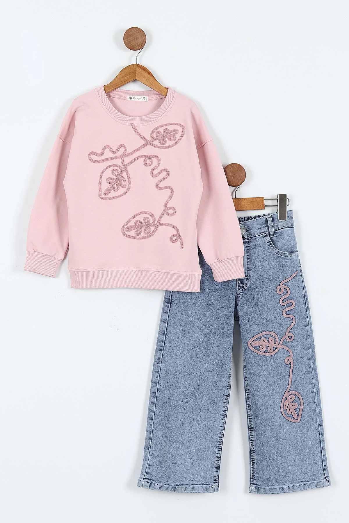 Pembe (1-9 Yaş)Nakışlı Kot Pantolonlu 2 İp Kız Çocuk Takım 413486