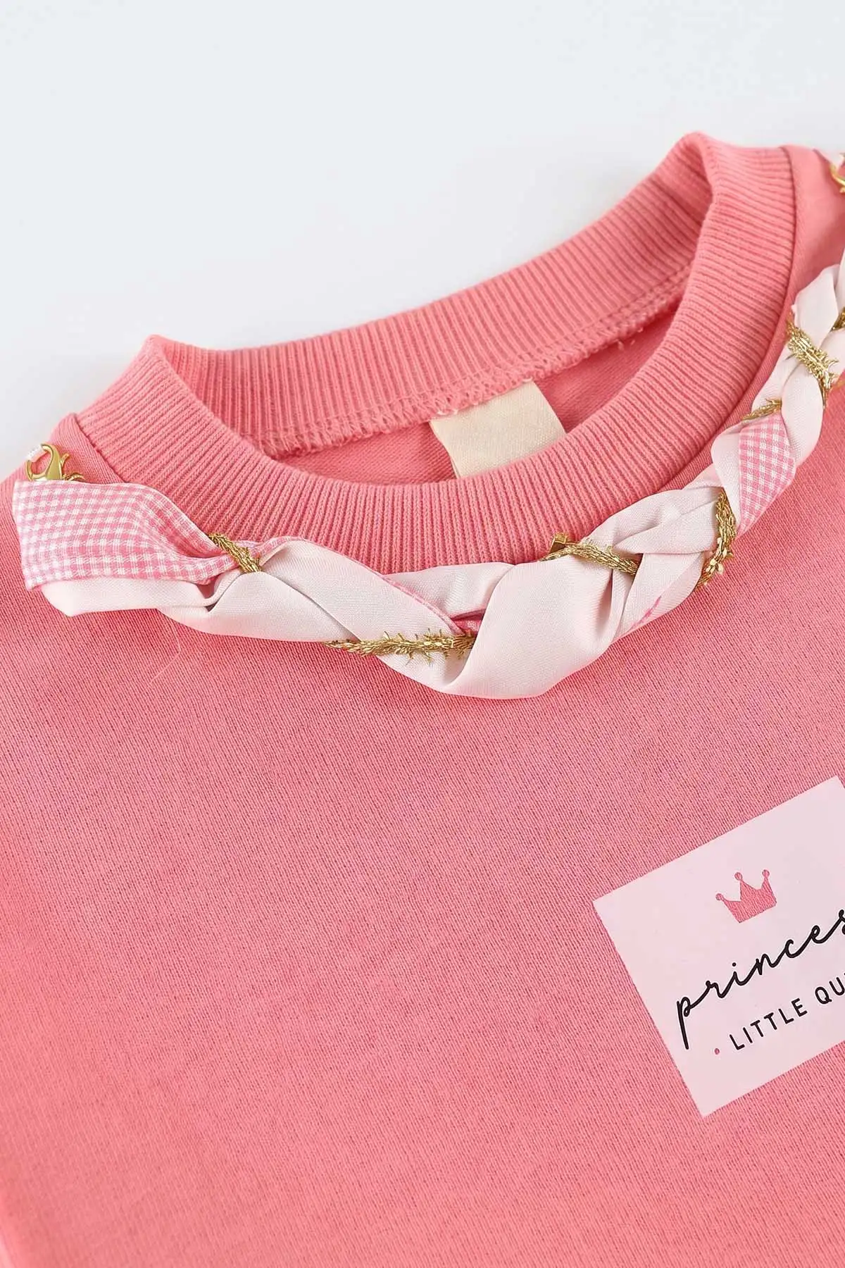 Pembe (1-9 Yaş)Yakadan Fularlı  Baskılı  Bol Paça 2 İp Kız Çocuk Mevsimlik Takım 487372