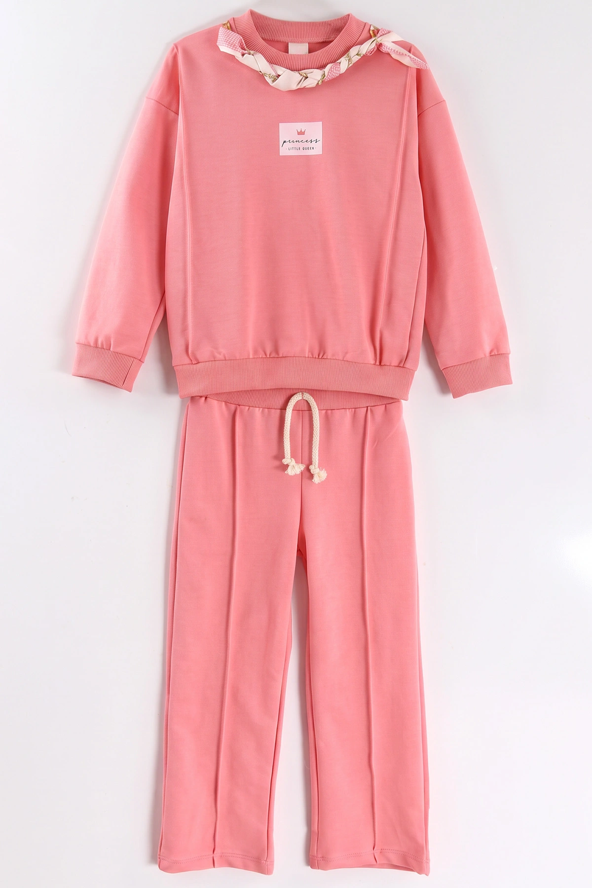 Pembe (1-9 Yaş)Yakadan Fularlı  Baskılı  Bol Paça 2 İp Kız Çocuk Mevsimlik Takım 487372