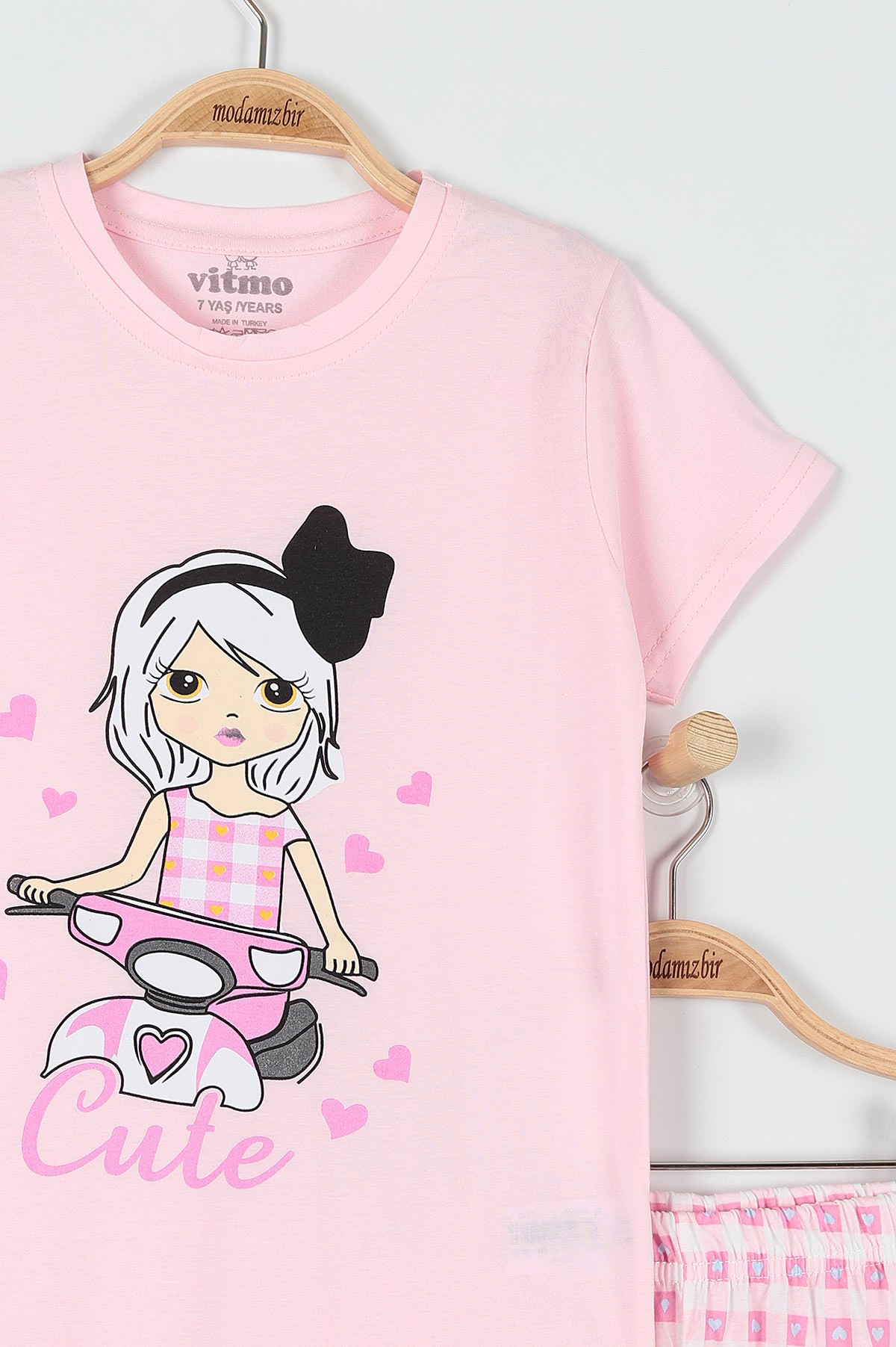 Pembe (10-12 Yaş) Kalp Motor Baskılı KIz Çocuk Pijama Takımı 182054