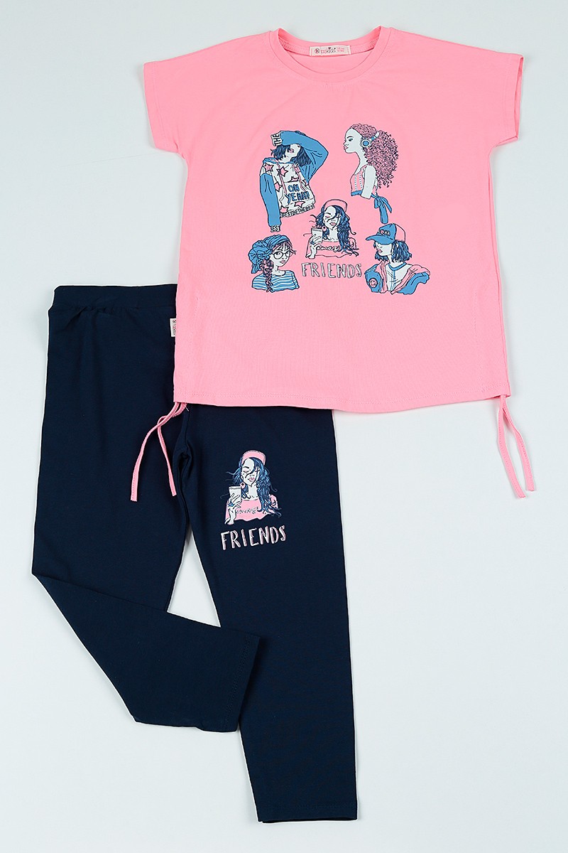 Pembe (10-13 yaş) Yanlardan Sıkmalı Baskılı Kız Çocuk Tayt 105882