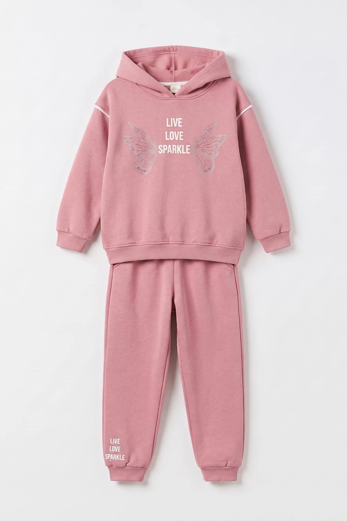 Pembe (10-14 Yaş) Kelebek Taş Baskılı Kapüşonlu 3 İp Şardonlu Kız Çocuk Kışlık Takım 498231