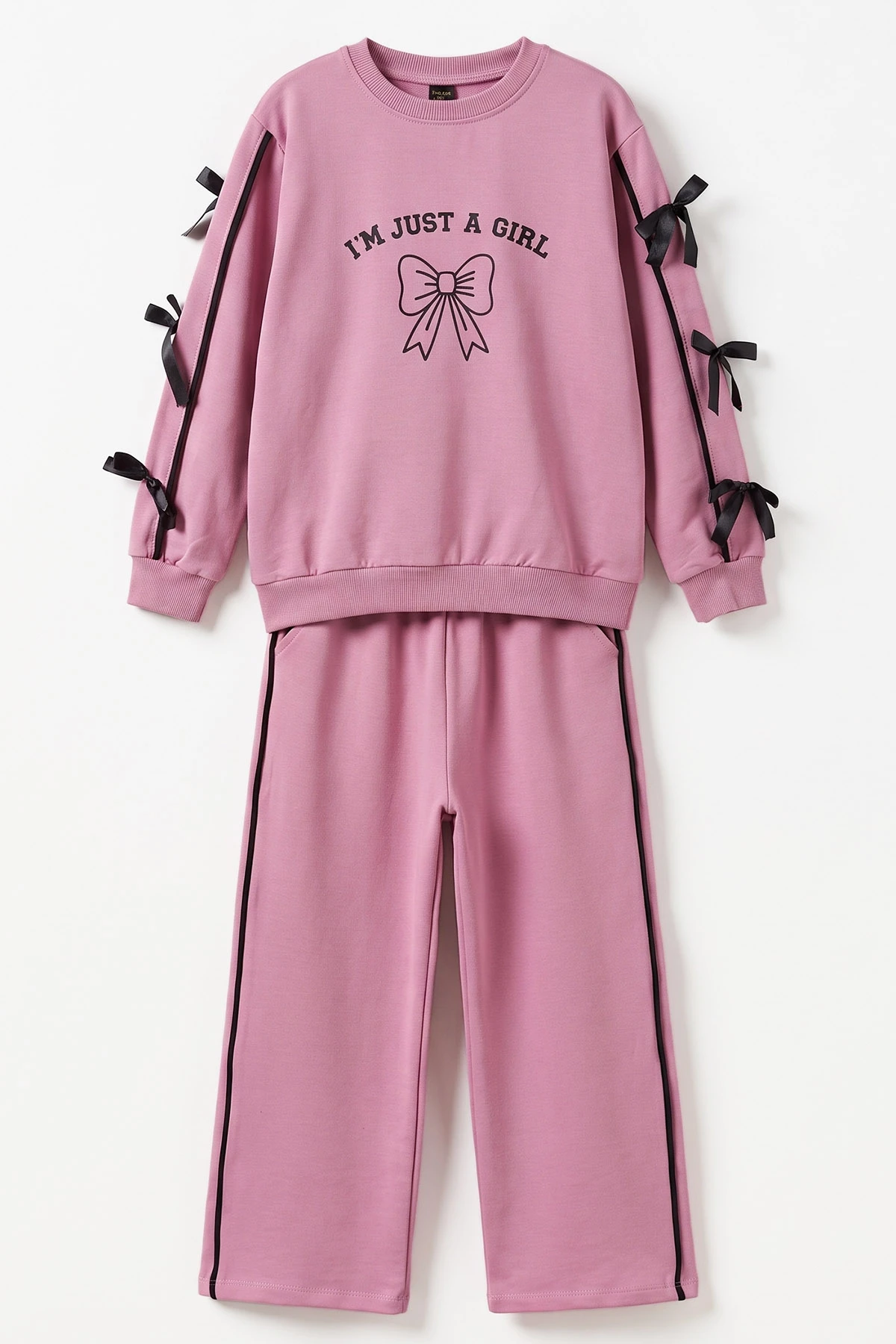 Pembe (10-14 Yaş) Kurdela Baskılı Kolları Fiyonklu 2 ip Kız Çocuk Mevsimlik Takım 500121