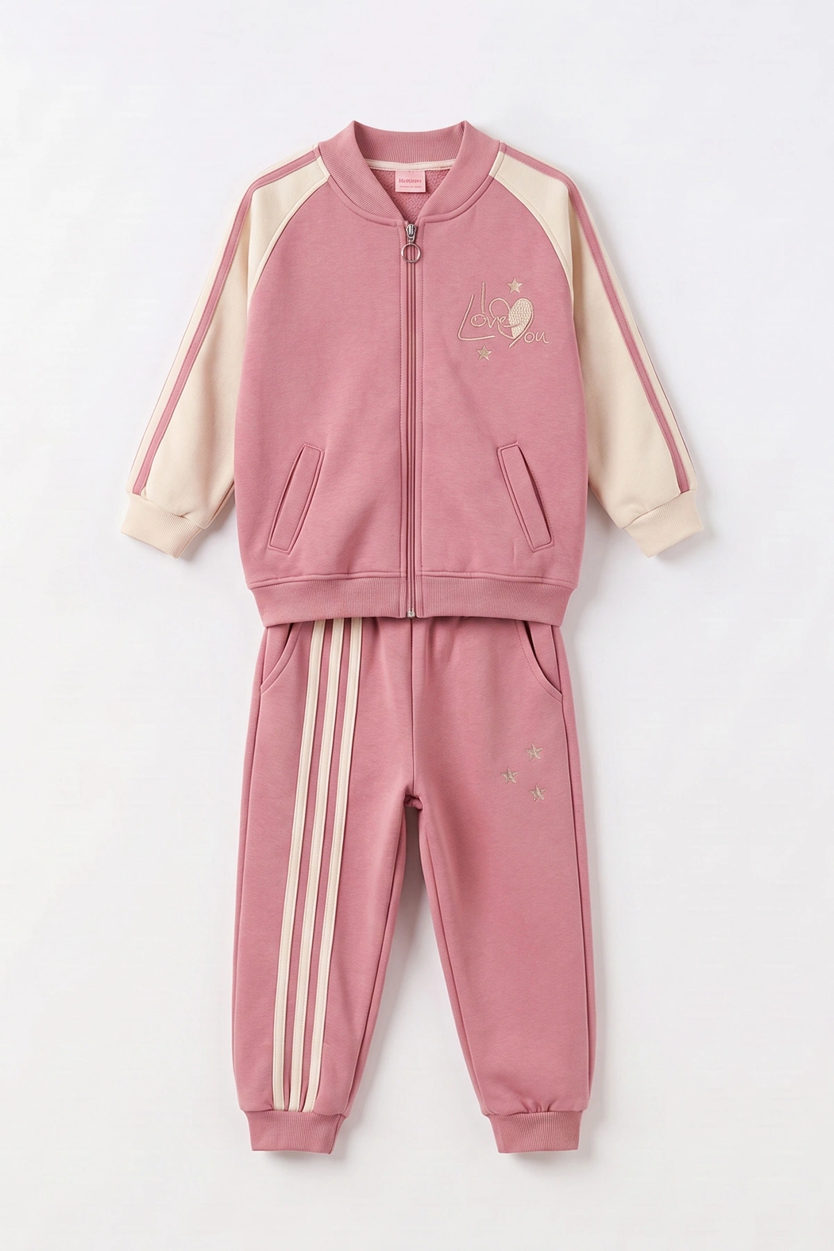 Pembe (10-14 Yaş) Love Nakışlı Yandan Şeritli 3 İp Şardonlu Kız Çocuk Kışlık Takım 498054