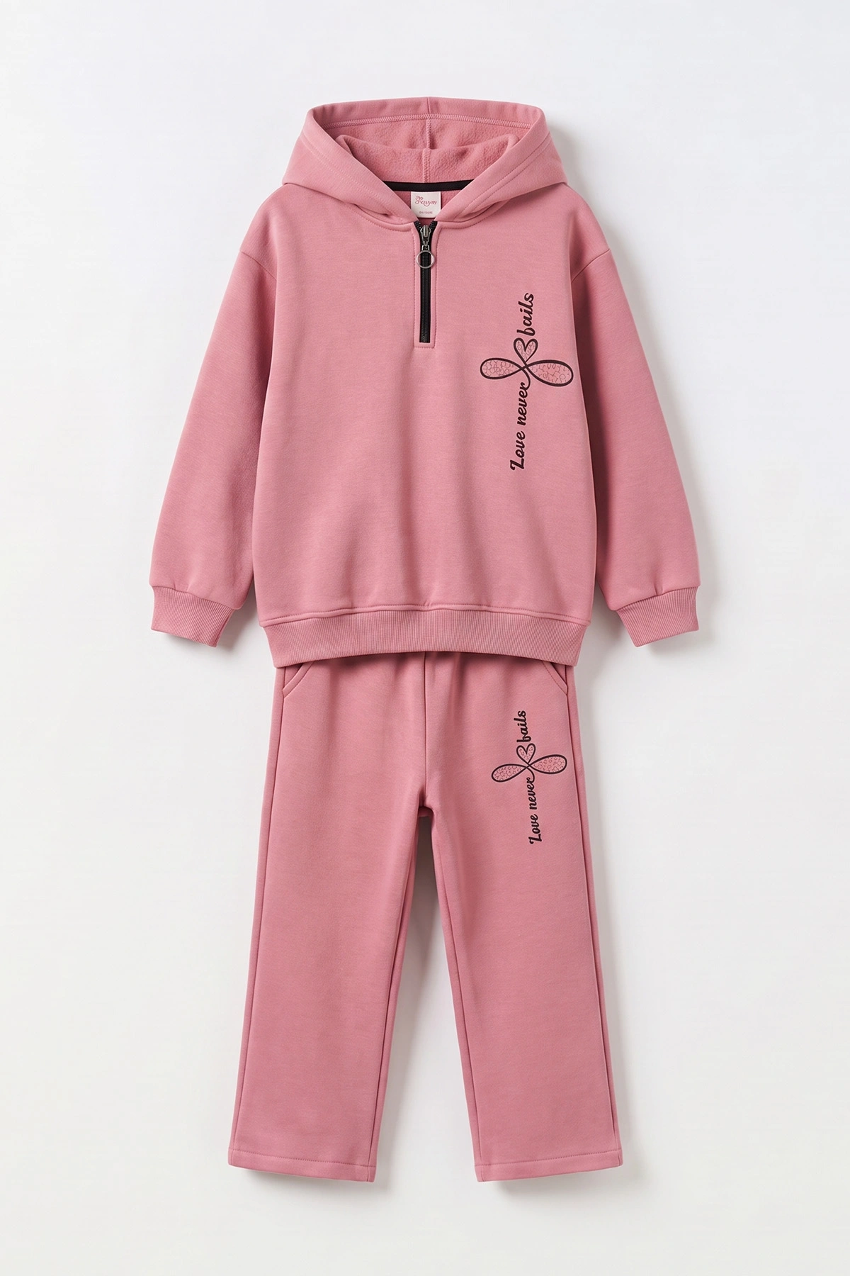 Pembe (10-14 Yaş) Taş Baskılı Kapüşonlu Yakası Yarım Fermuarlı 3 İp Şardonlu Kız Çocuk Kışlık Takım 498140