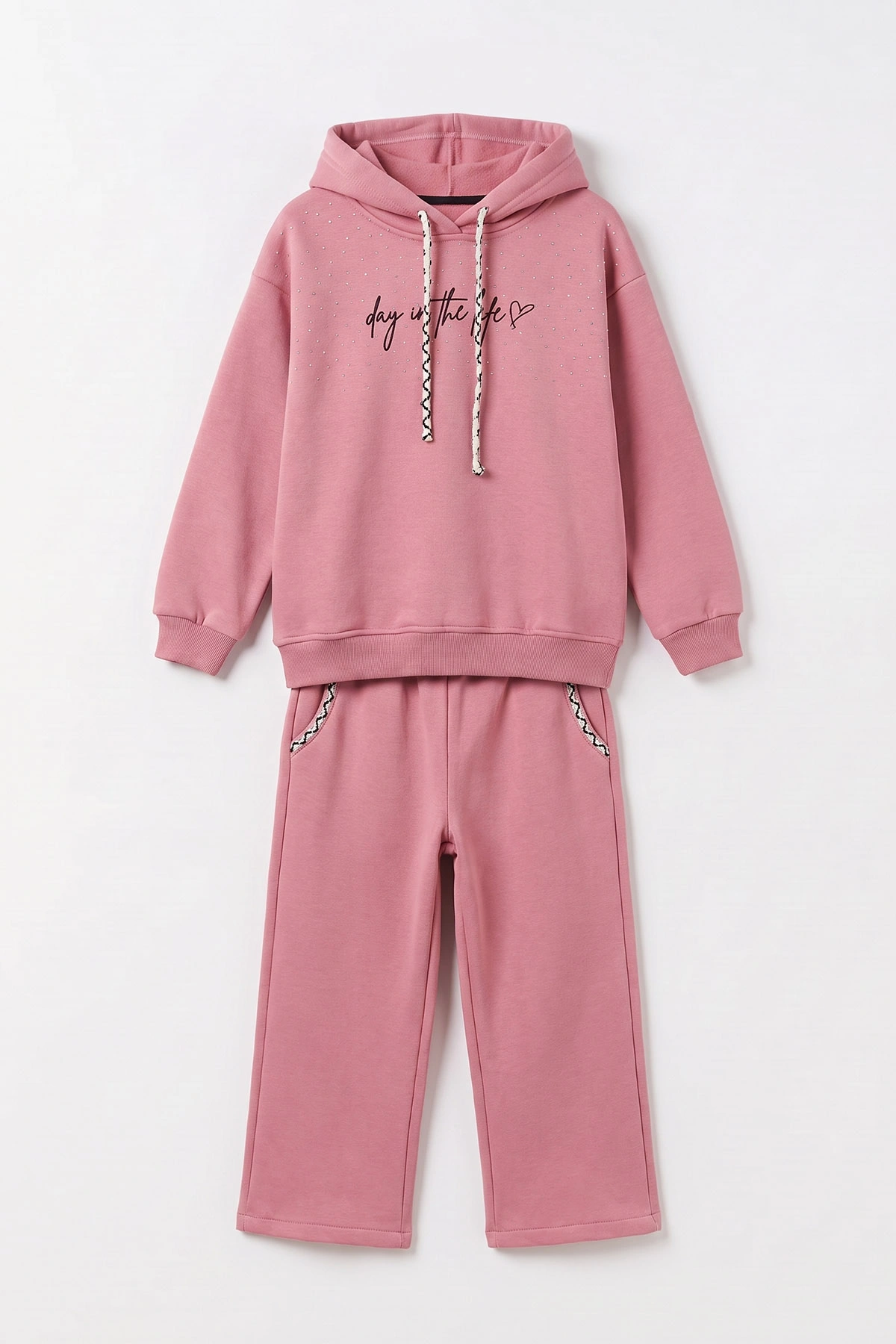 Pembe (10-14 Yaş) Yazı ve Taş Baskılı Kapüşonlu 3 İp Şardonlu Kız Çocuk Kışlık Takım 499087