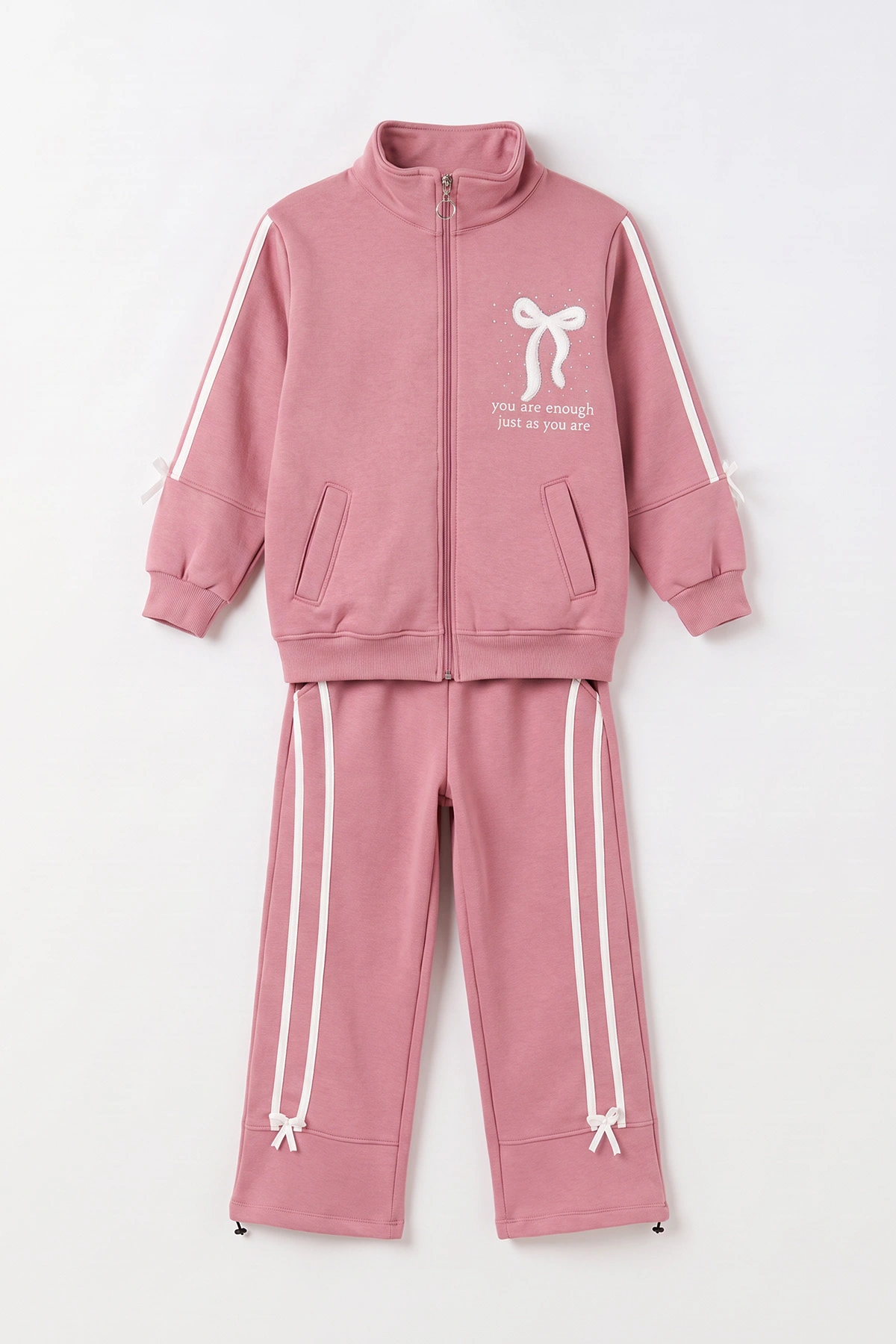 Pembe (10-14 Yaş)Fiyonk Nakışlı Serpme Taşlı Alt Stoperli 3 İp Şardonlu Kız Çocuk Kışlık Takım 499044