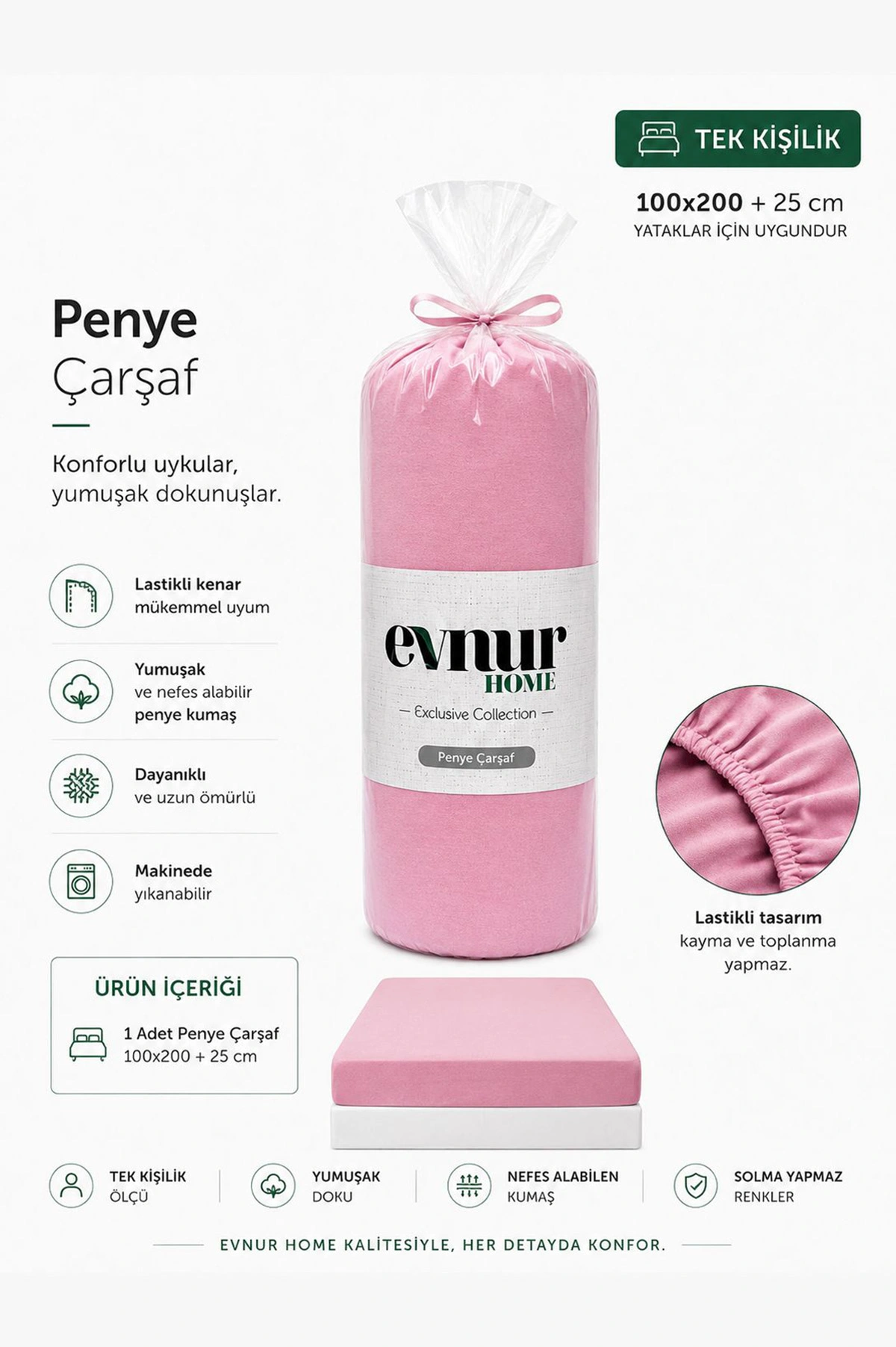 Pembe 100x200+25 Cm Evnur Home Penye Tek Kişilik Fitted (Lastikli) Çarşaf 467377