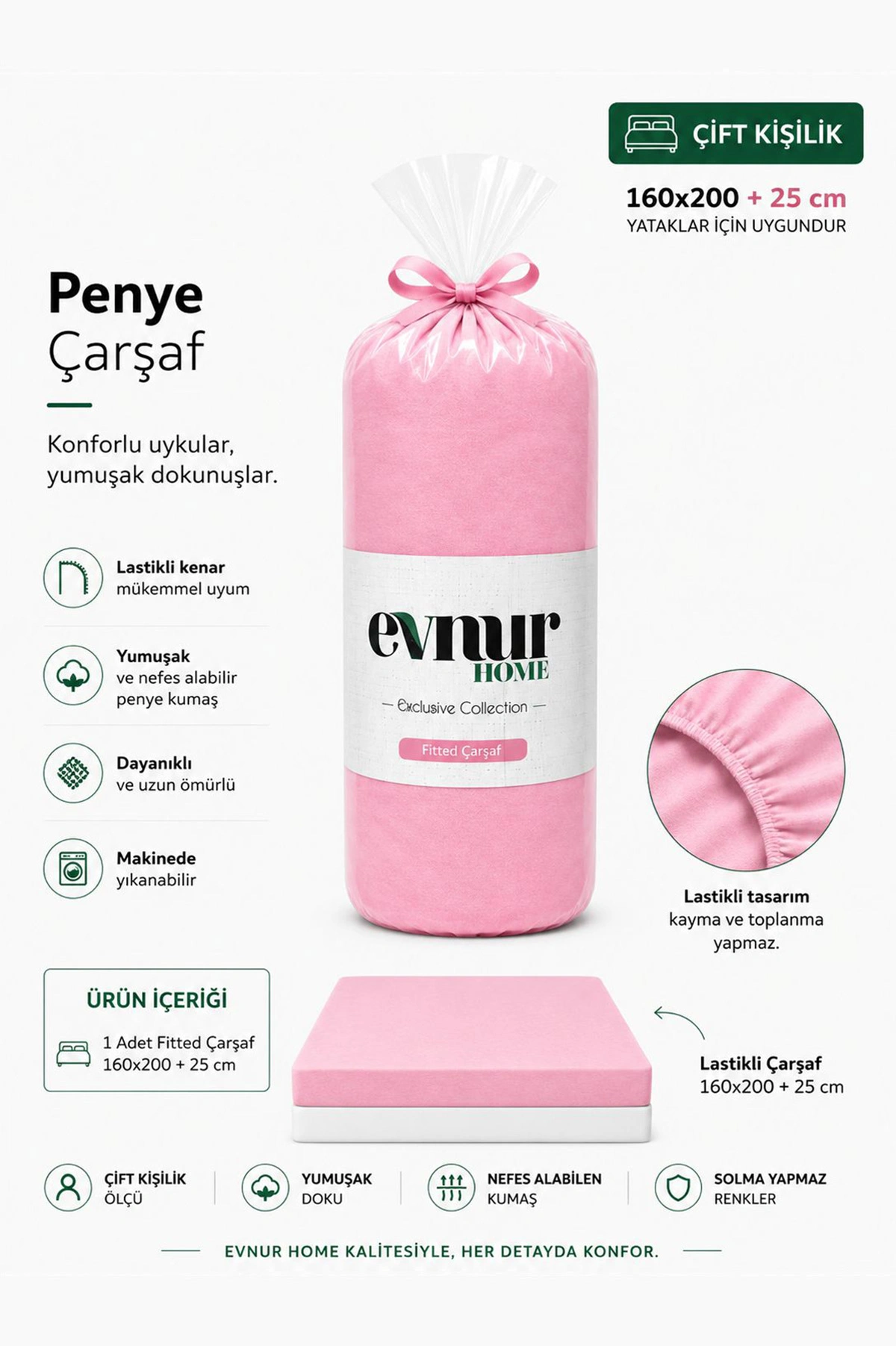 Pembe 160x200+25 Cm Evnur Home Penye Çift Kişilik Fitted (Lastikli) Çarşaf 467368