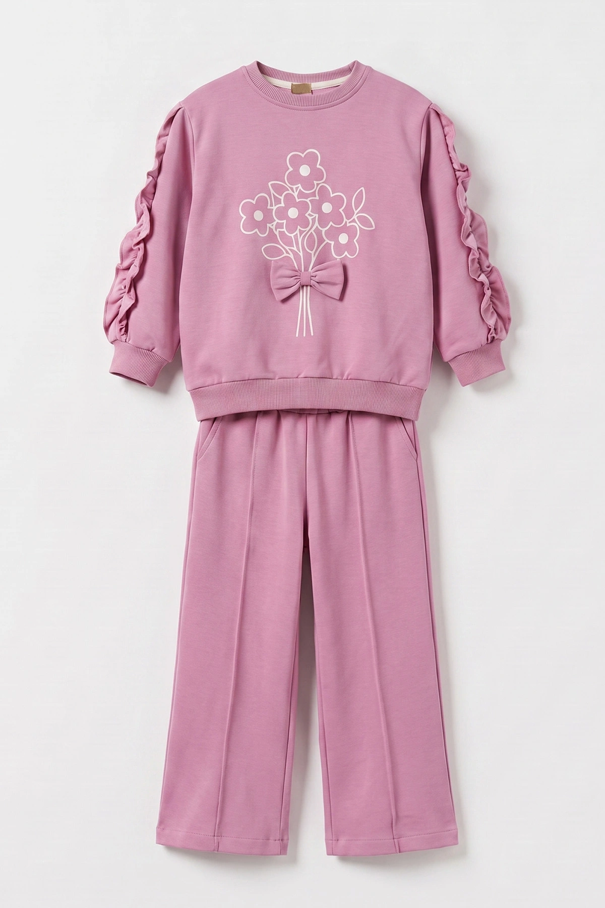 Pembe (2-10 Yaş) Çiçek Desenli Fiyonklu Bol Paça 2 İp Kız Çocuk Takım 485178