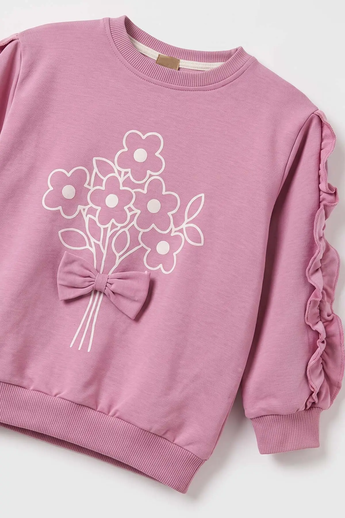 Pembe (2-10 Yaş) Çiçek Desenli Fiyonklu Bol Paça 2 İp Kız Çocuk Takım 485178
