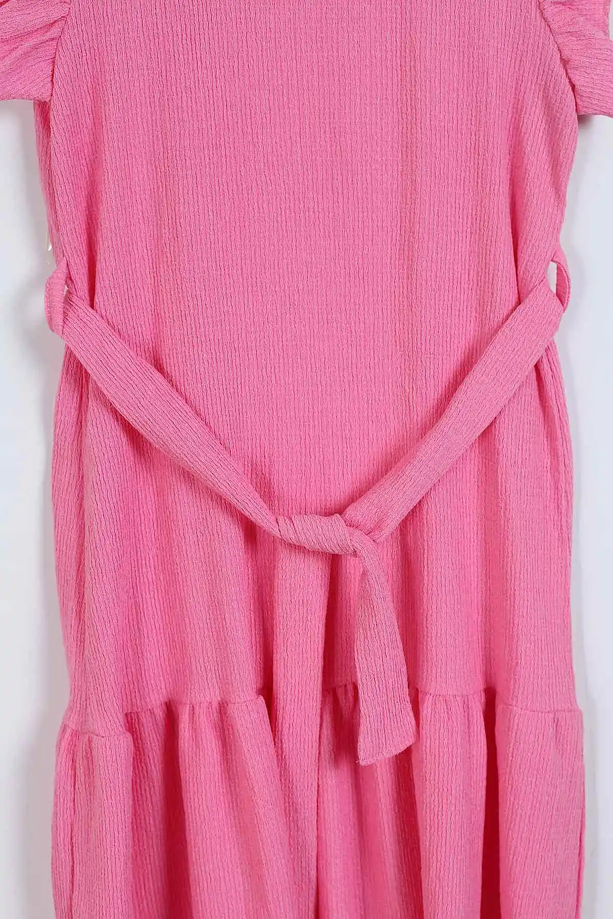 Pembe (2-10 Yaş) Kol Fırfırlı Bel Kemerli Bürümcük Kız Çocuk Elbise 342791
