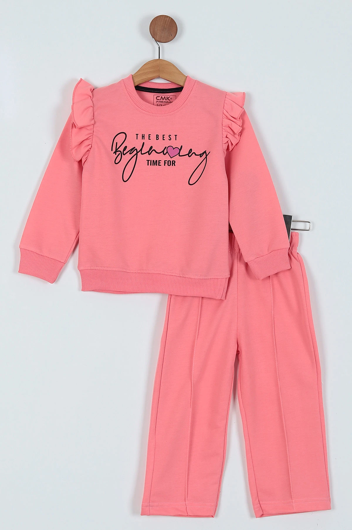 Pembe (2-11 Yaş) Baskılı Kol Fırfırlı Çimalı Kız Çocuk Takım 229365