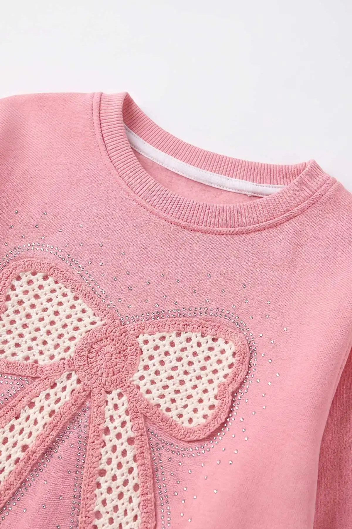Pembe (2-12 Yaş) Fiyonk Nakışlı Taşlı  İçi Şardonlu Kız Çocuk Sweatshirt 483281
