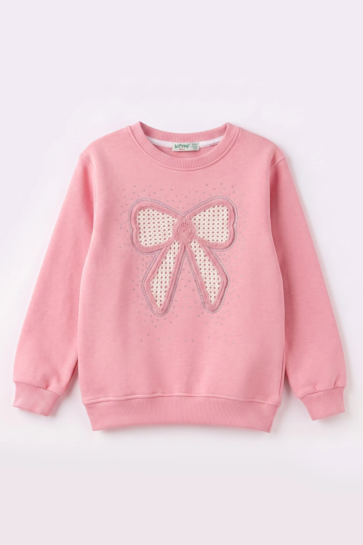 Pembe (2-12 Yaş) Fiyonk Nakışlı Taşlı  İçi Şardonlu Kız Çocuk Sweatshirt 483281