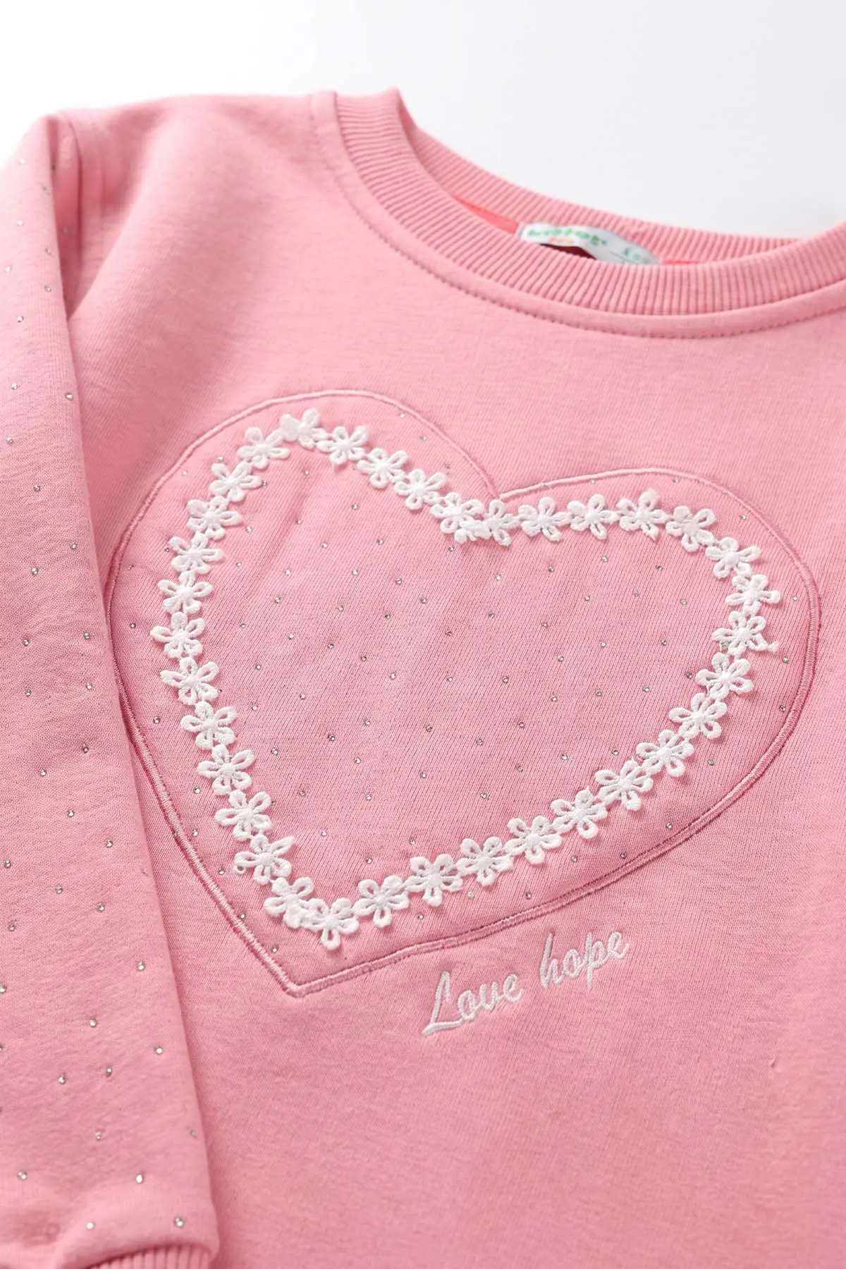 Pembe (2-12 Yaş) Kalp Nakışlı Taşlı  İçi Şardonlu Kız Çocuk Sweatshirt 483267