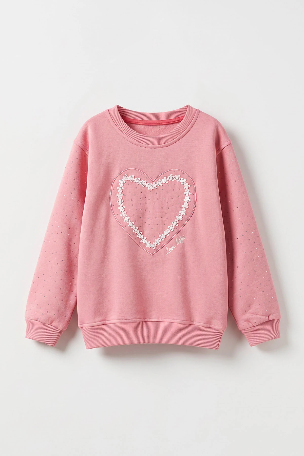 Pembe (2-12 Yaş) Kalp Nakışlı Taşlı İçi Şardonlu Kız Çocuk Sweatshirt 483267