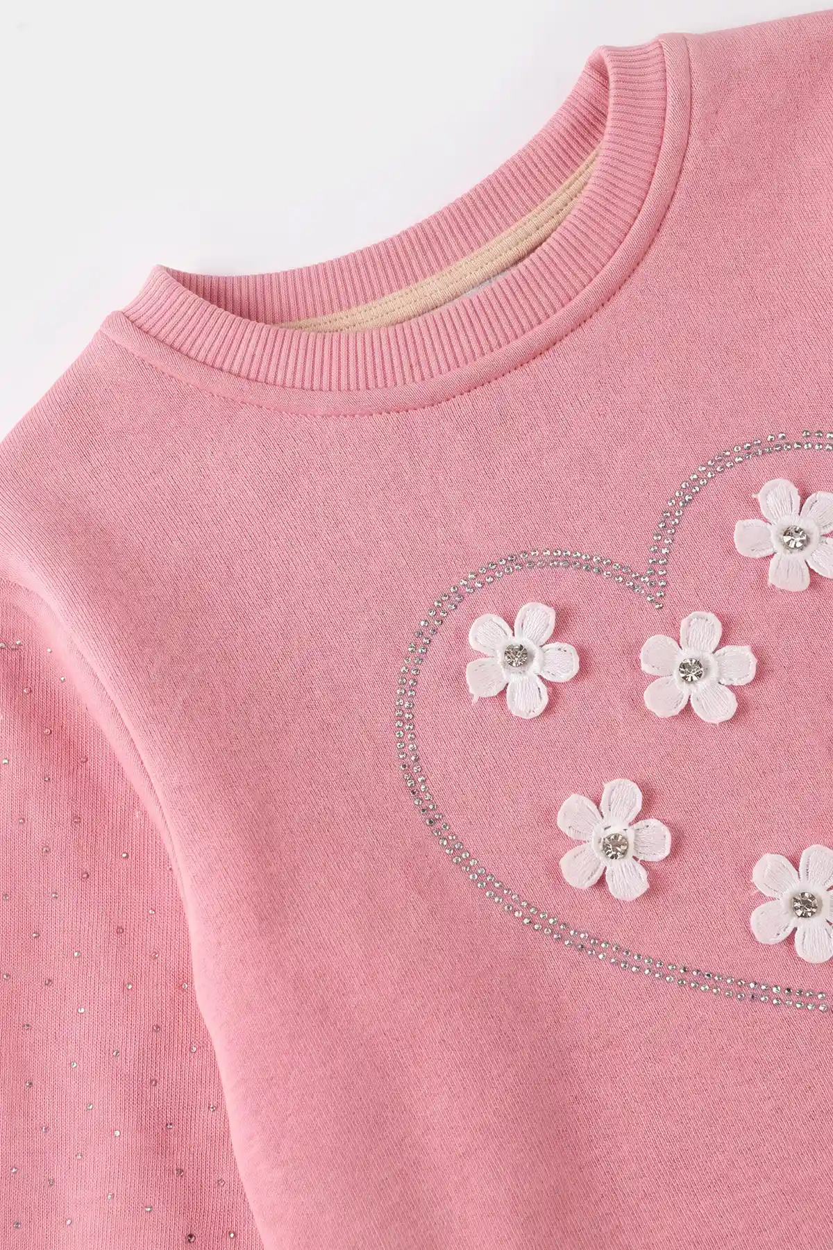 Pembe (2-12 Yaş) Kalpli Çiçek Nakışlı Taşlı  İçi Şardonlu Kız Çocuk Sweatshirt 483290