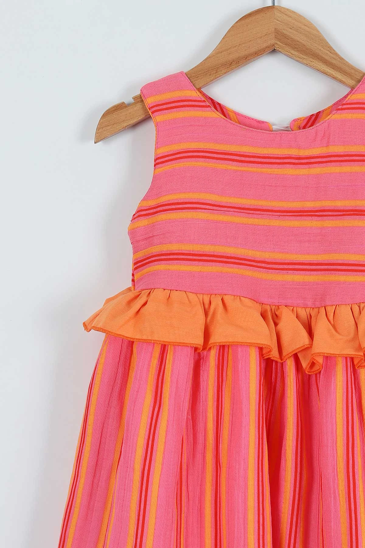 Pembe (2-5 Yaş) Arka Fiyonklu Çizgili Kız Çocuk Elbise 267316