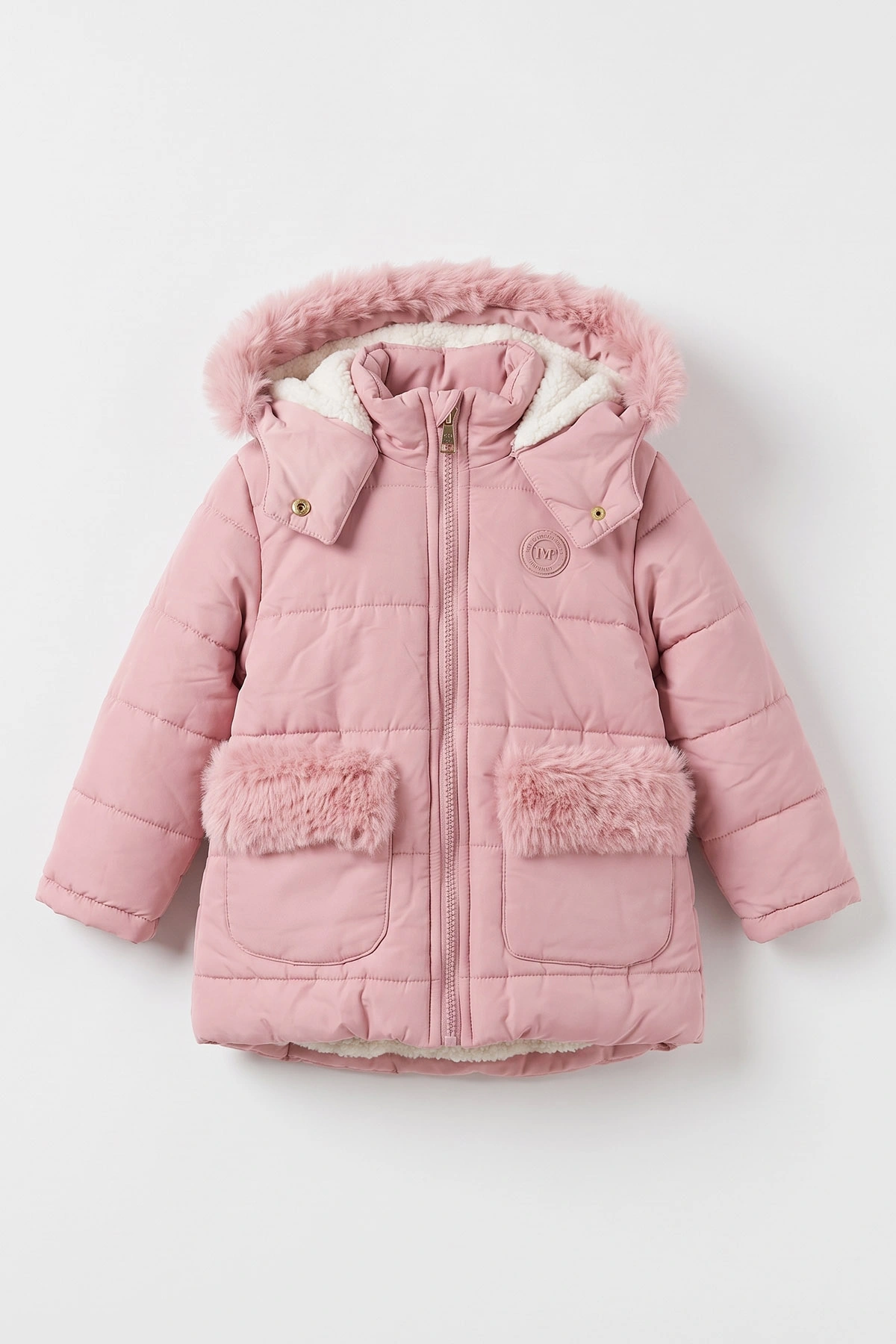 Pembe (2-5 Yaş) Cebi ve Kapüşonu Kürklü Şişme Kız Çocuk Mont 496715