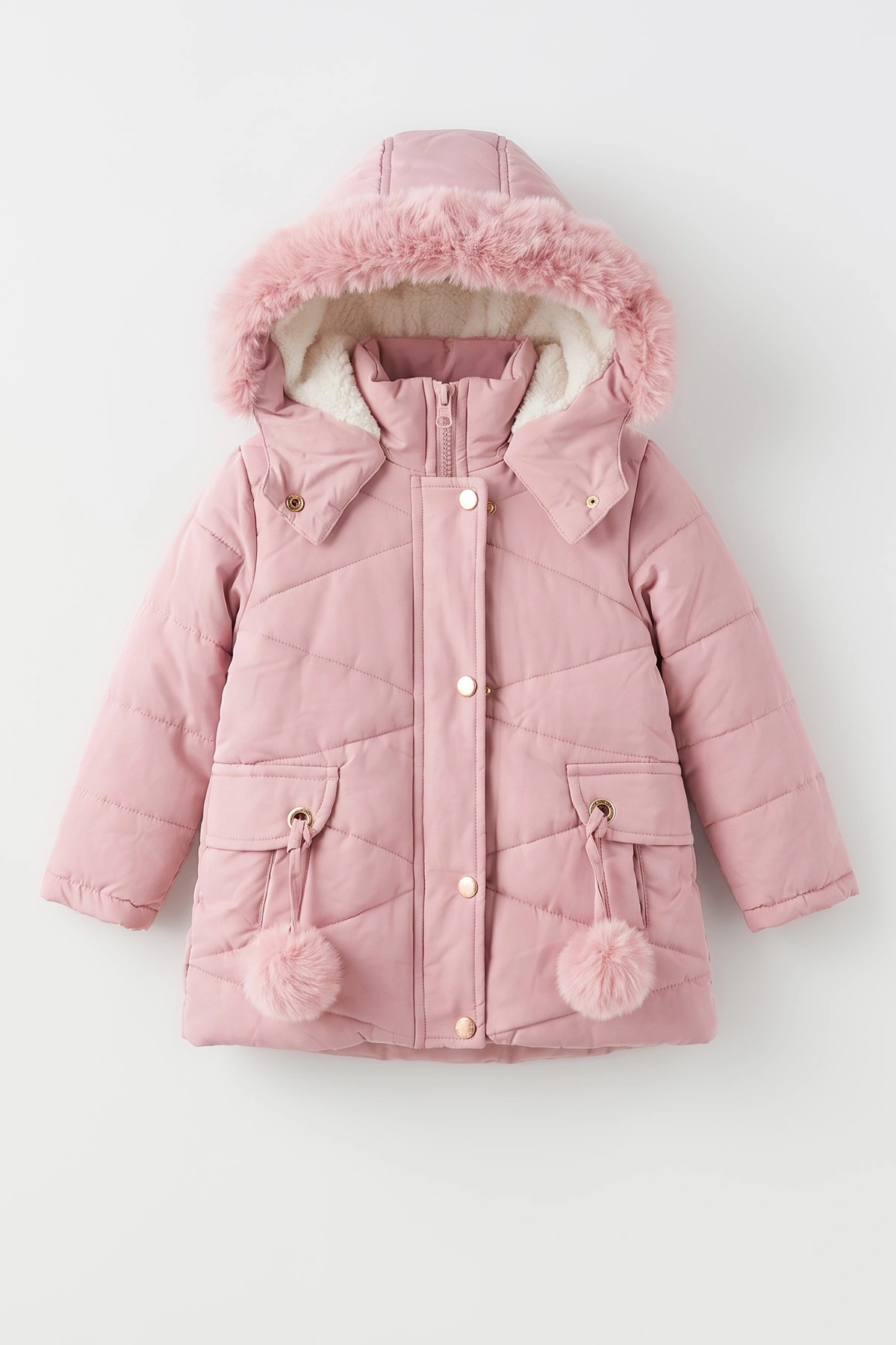 Pembe (2-5 Yaş)  Cep Üstü Ponponlu İçi Kürklü Kapüşonlu Kız Çocuk Şişme Mont 496630
