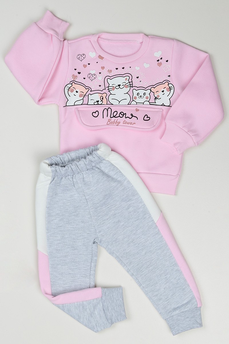 Pembe (2-5 Yaş) Cici Kedili Baskılı Kız Çocuk Takım 89726