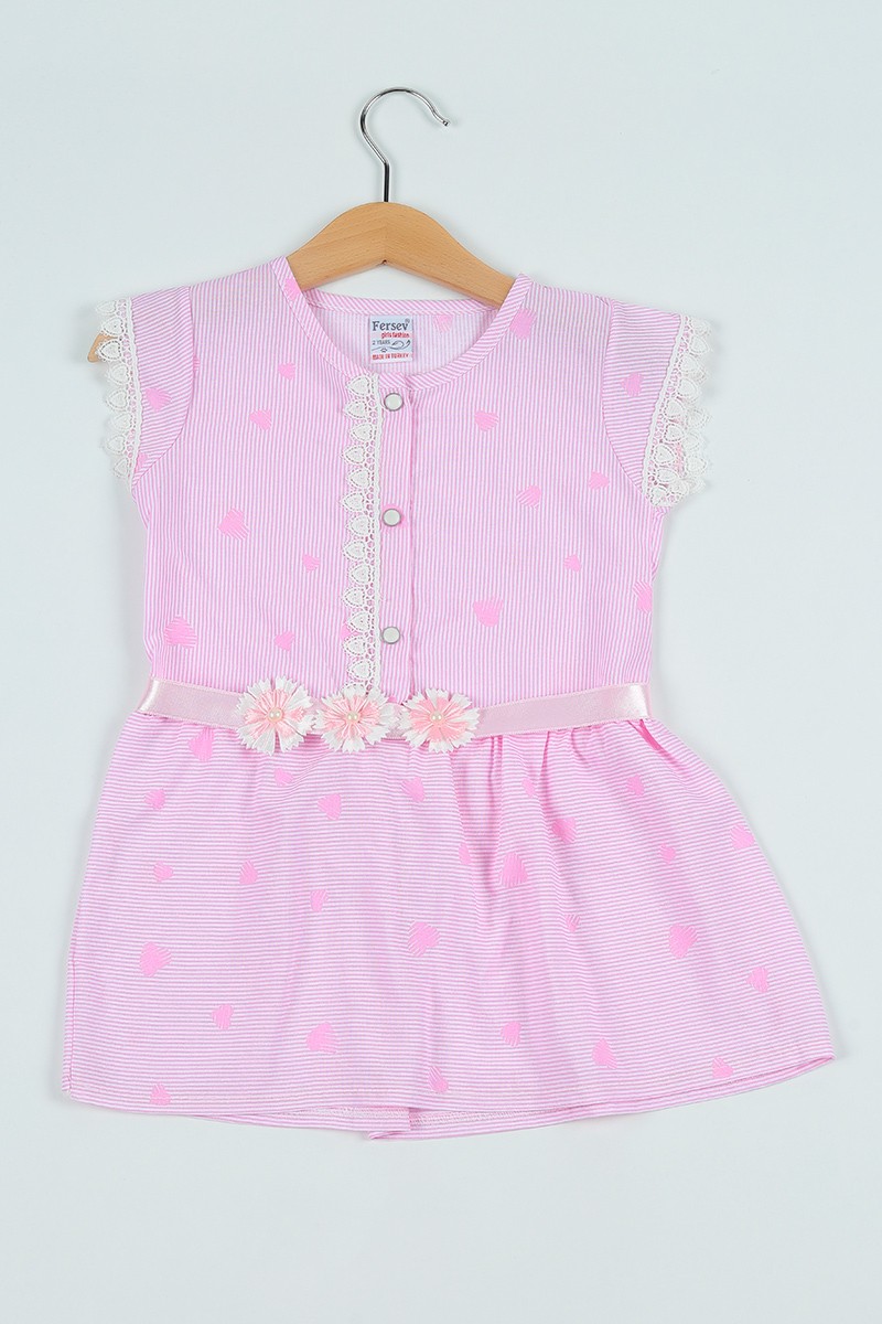 Pembe (2-5 Yaş) Düğmeli Çiçek Detay Kız Çocuk Elbise 100047