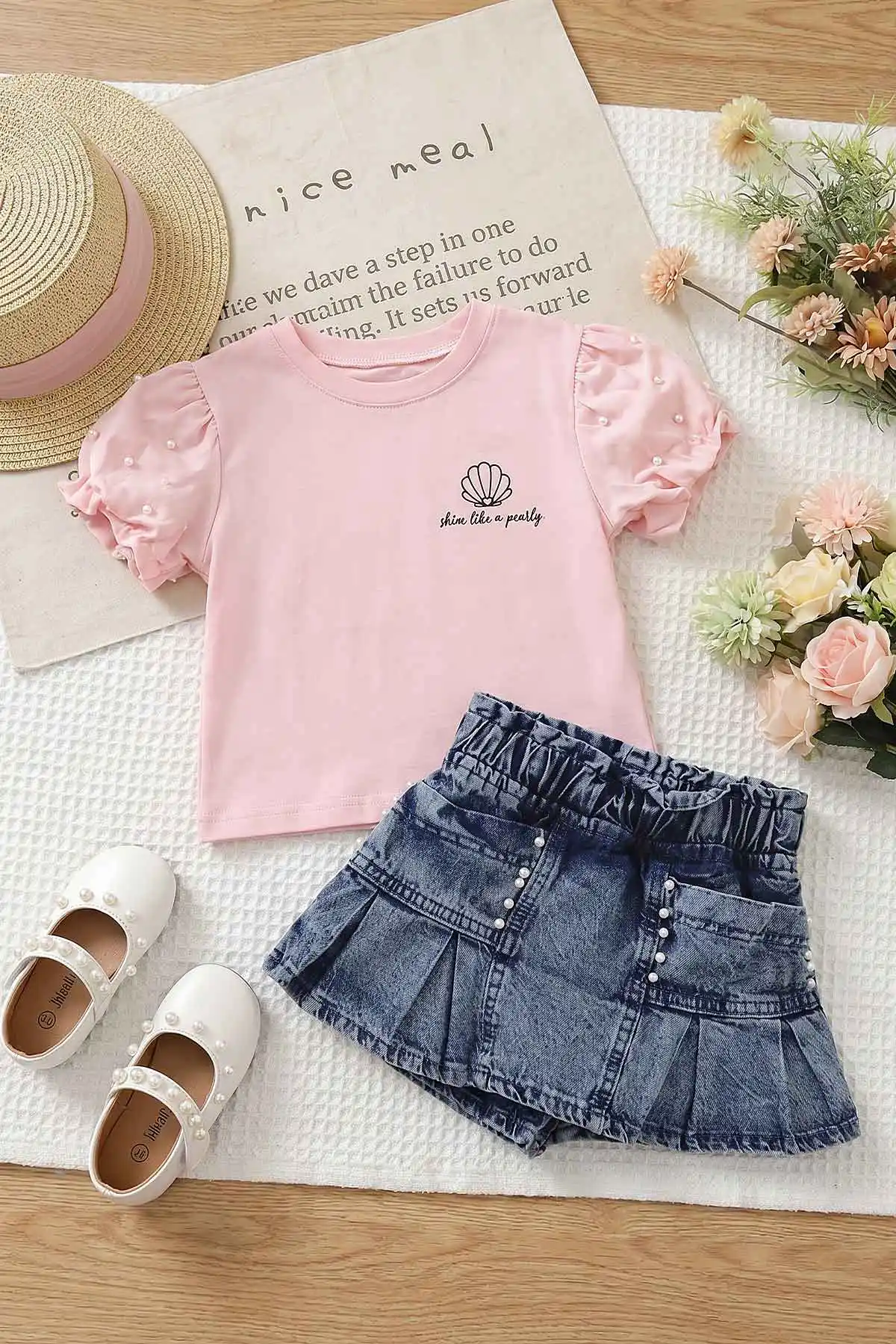 Pembe (2-5 Yaş) İnci Baskılı Kot Etekli Kız Çocuk Takım 465013