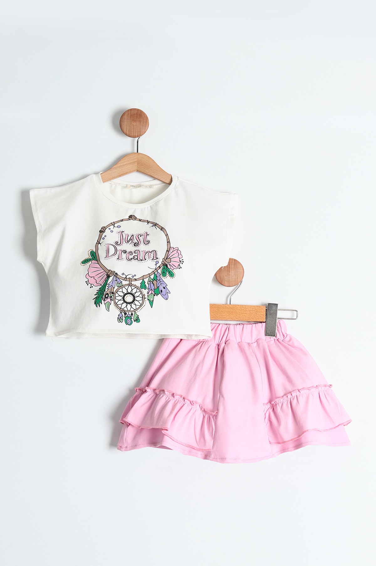 Pembe (2-5 Yaş) Just Dream Baskılı Taş İşlemeli Etekli Kız Çocuk Takım 164741