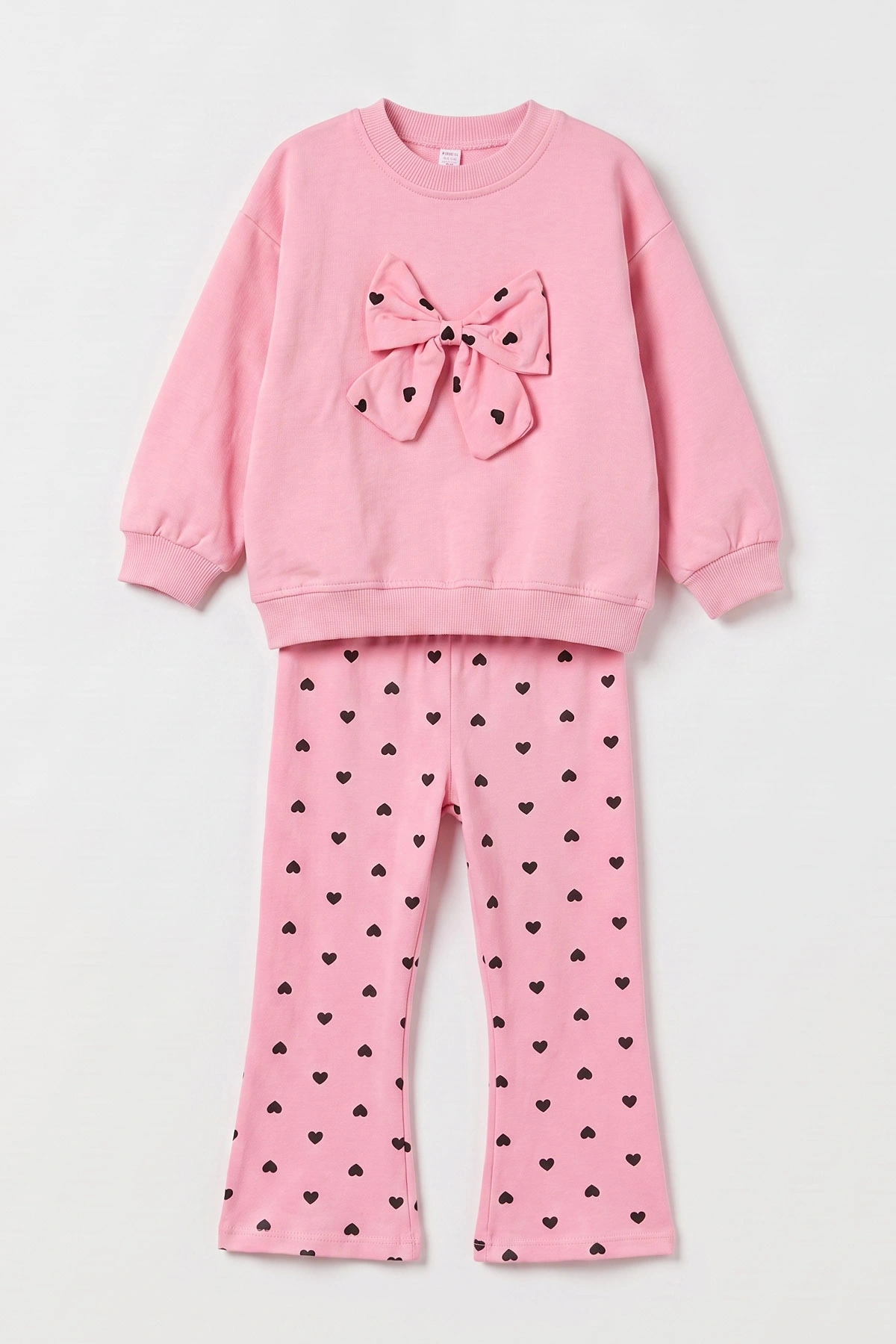 Pembe (2-5 Yaş) Kalp Baskılı Fiyonk Aksesuarlı Kız Çocuk Takım 475858