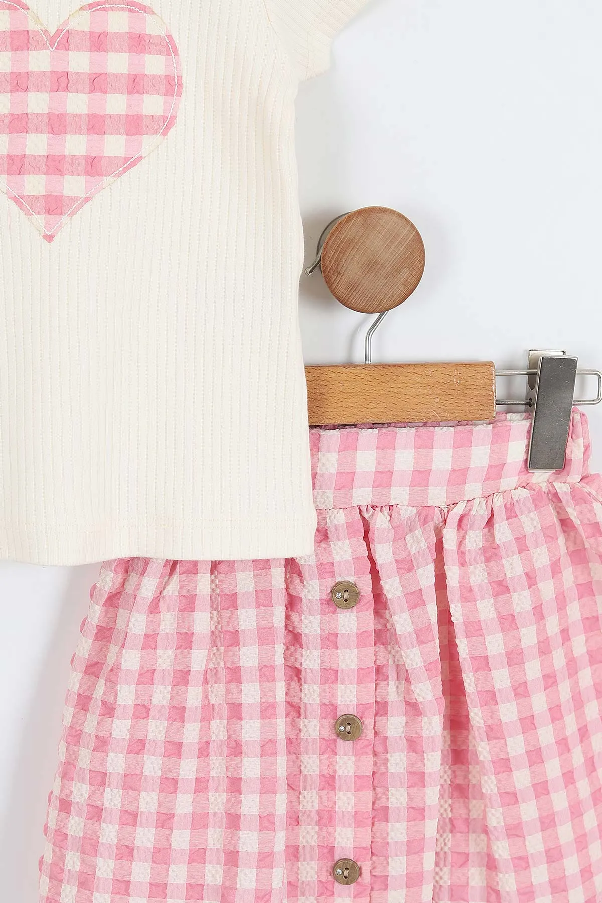 Pembe (2-5 Yaş) Kalp Nakışlı Ekose Desen Kız Çocuk Yazlık Takım 357481