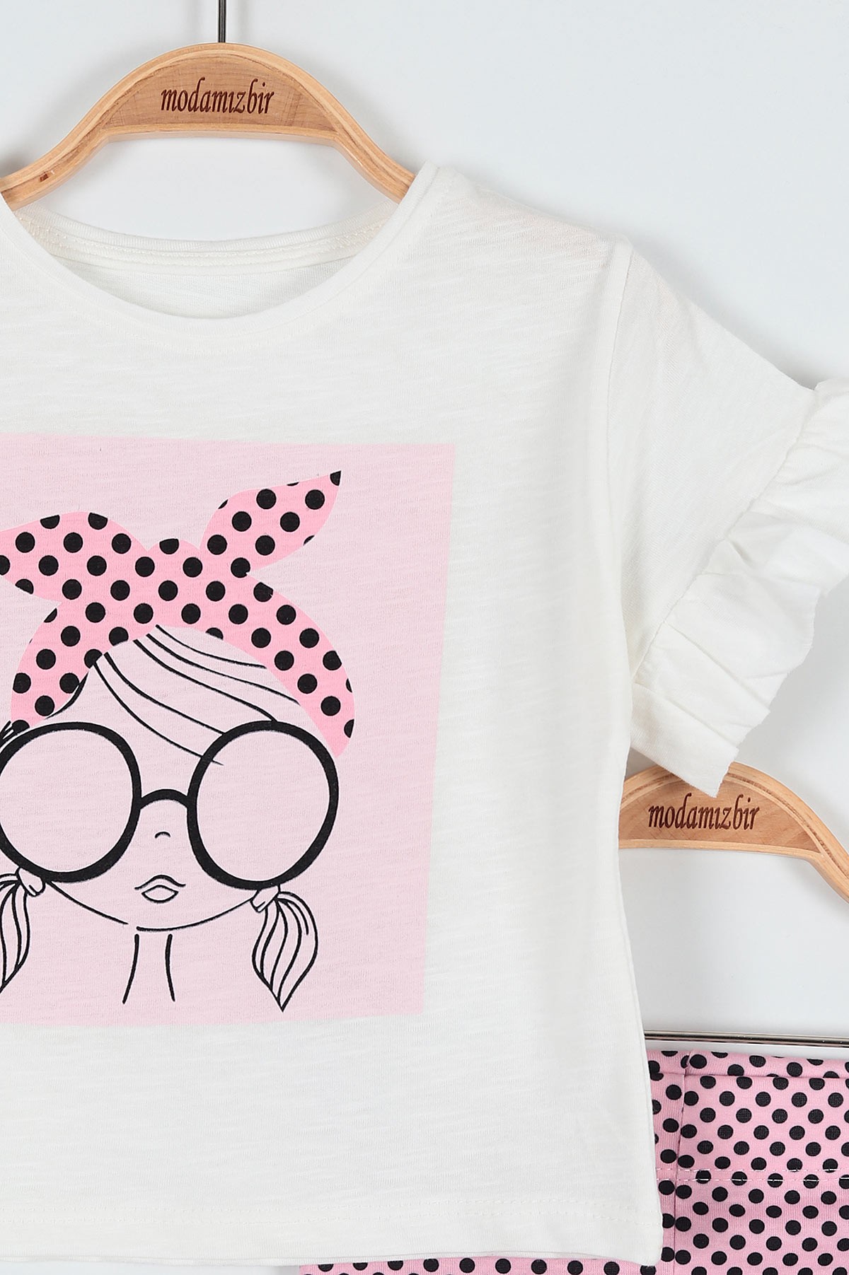 Pembe (2-5 Yaş) Puanlı Bandana Baskılı Taytlı Kol Fırfırlı Kız Çocuk Takım 186415