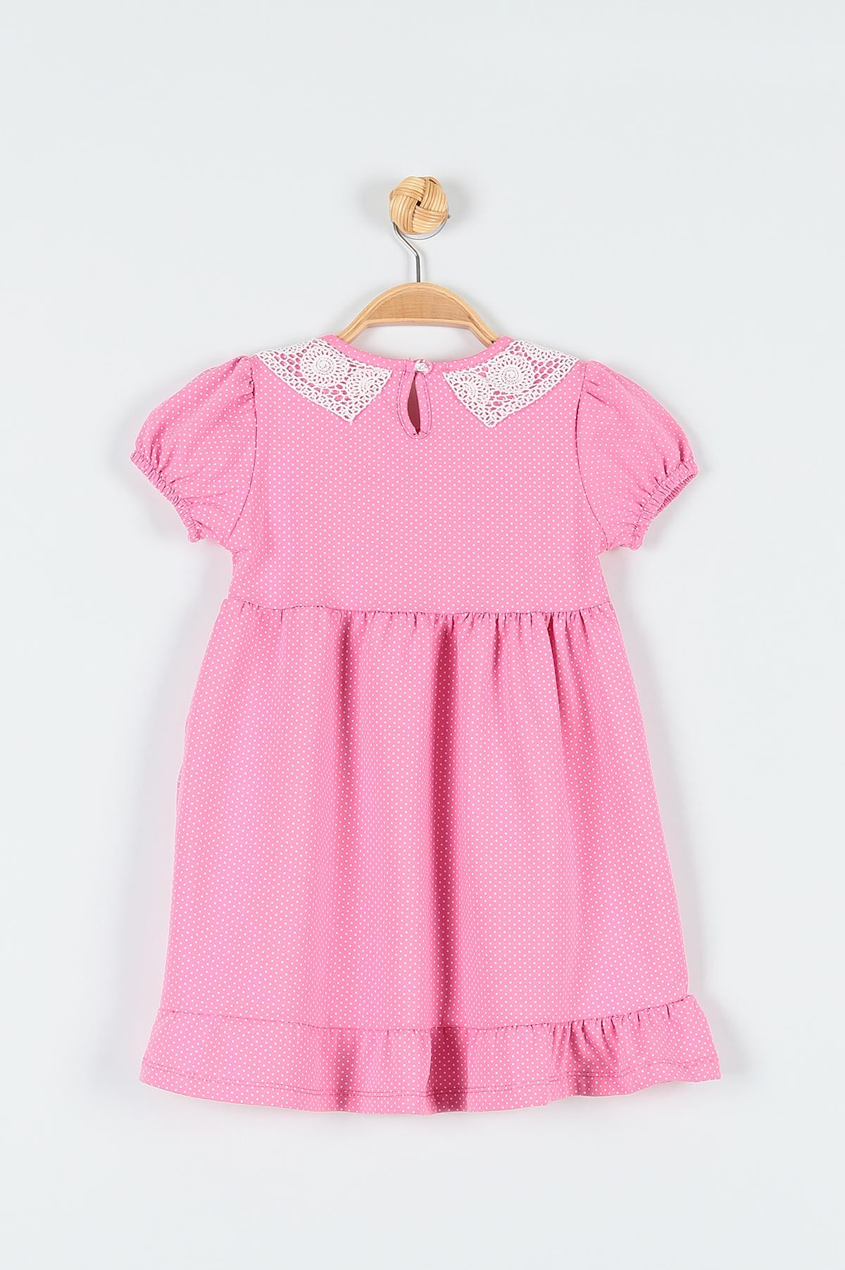 Pembe (2-5 Yaş) Puanlı Kol Lastikli Yaka Dantelli Kız Çocuk Elbise 177936