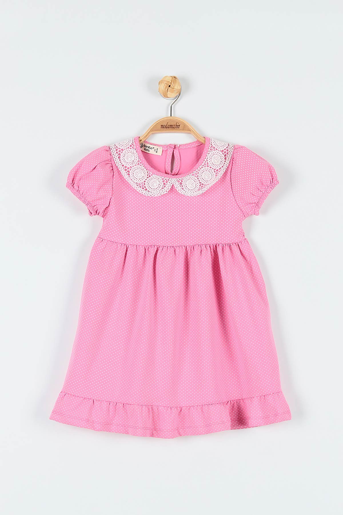 Pembe (2-5 Yaş) Puanlı Kol Lastikli Yaka Dantelli Kız Çocuk Elbise 177936