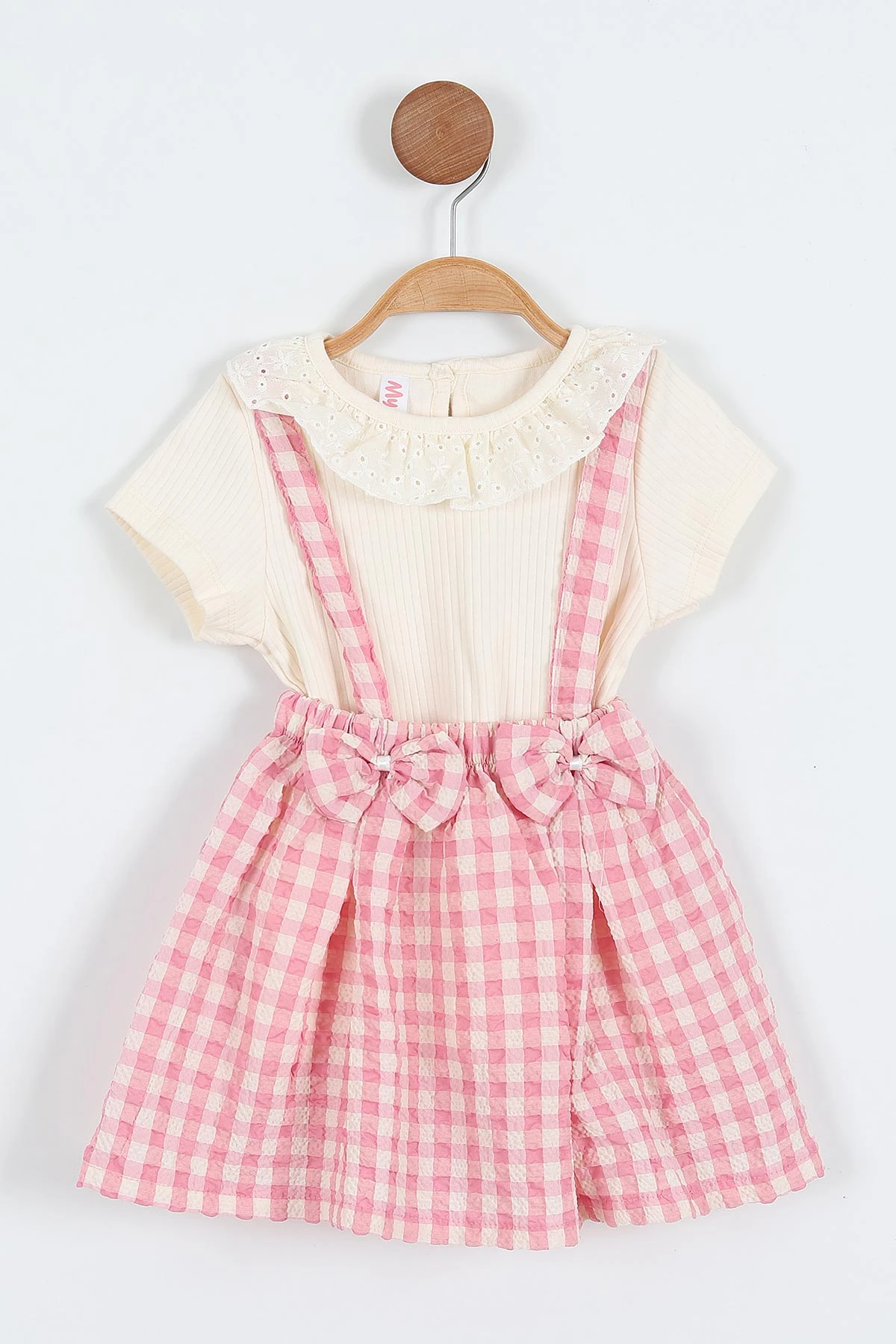 Pembe (2-5 Yaş) Yaka Fisto Tişörtlü Fiyonklu Ekose Desen Kız Çocuk Elbise 357478