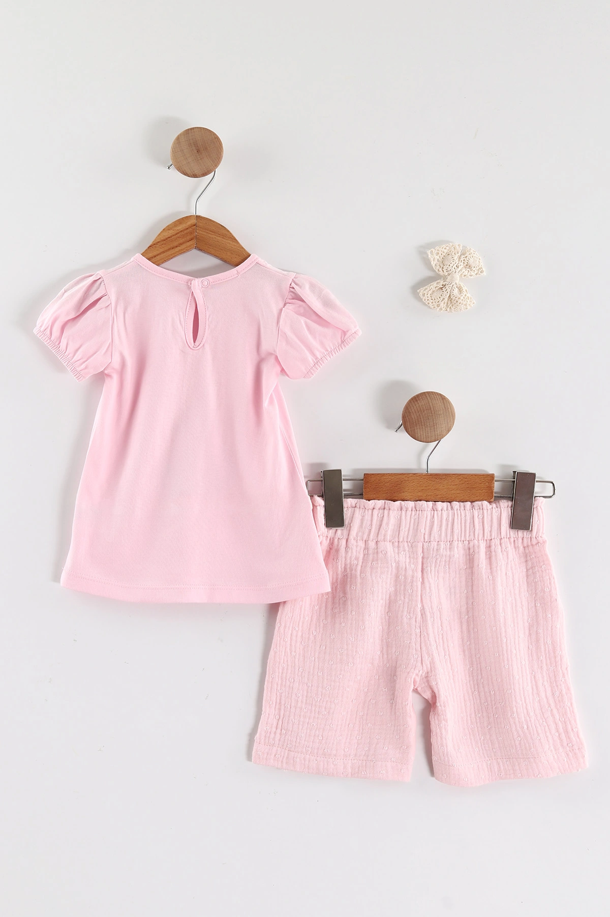 Pembe (2-5 Yaş)Baskılı Müslin Şortlu Saç Tokalı Kız Çocuk Takım 434795
