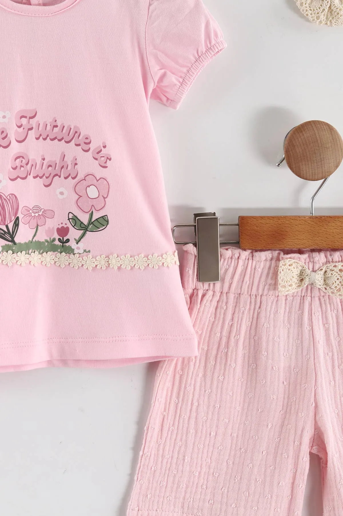 Pembe (2-5 Yaş)Baskılı Müslin Şortlu Saç Tokalı Kız Çocuk Takım 434795