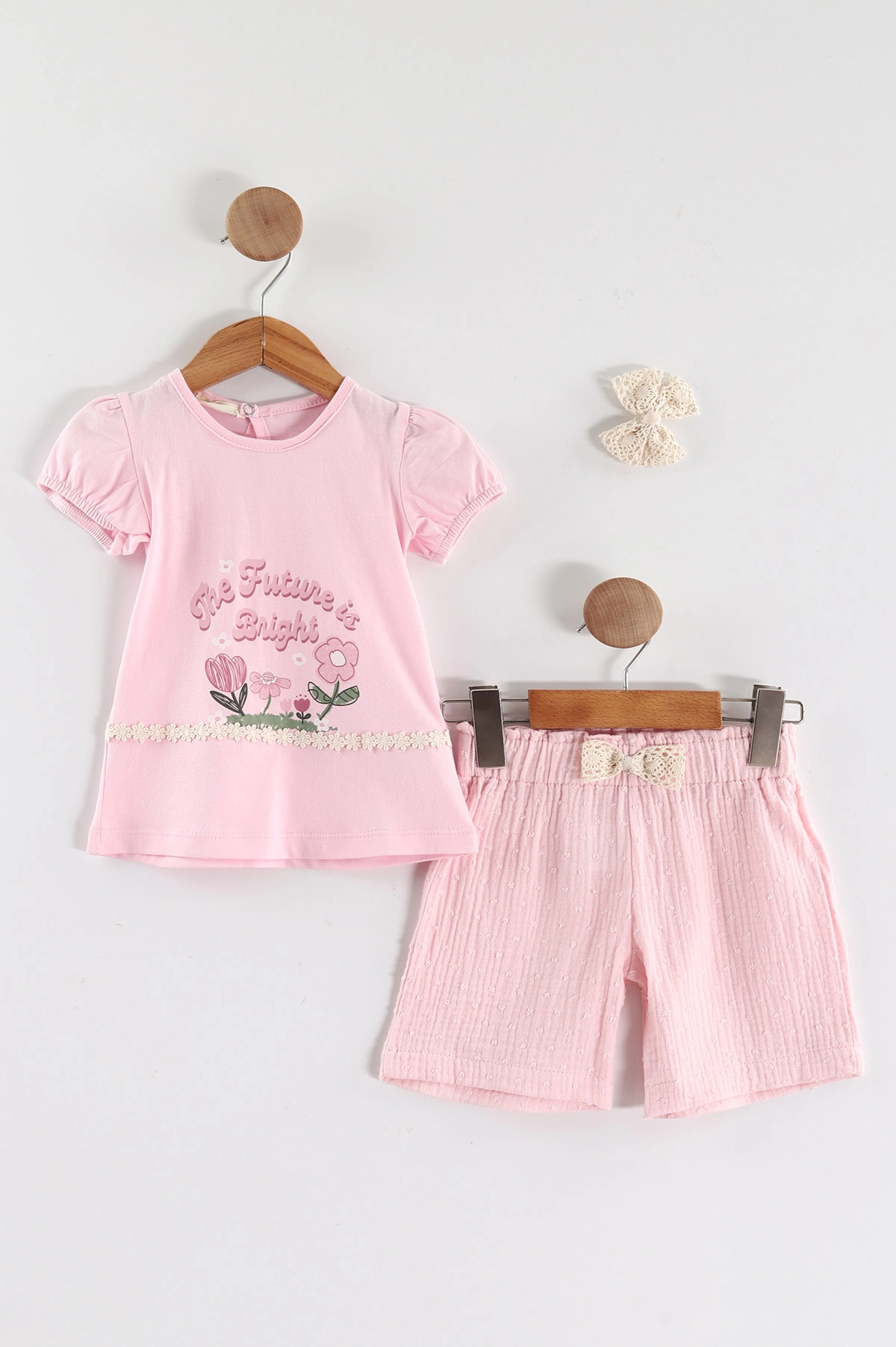 Pembe (2-5 Yaş)Baskılı Müslin Şortlu Saç Tokalı Kız Çocuk Takım 434795