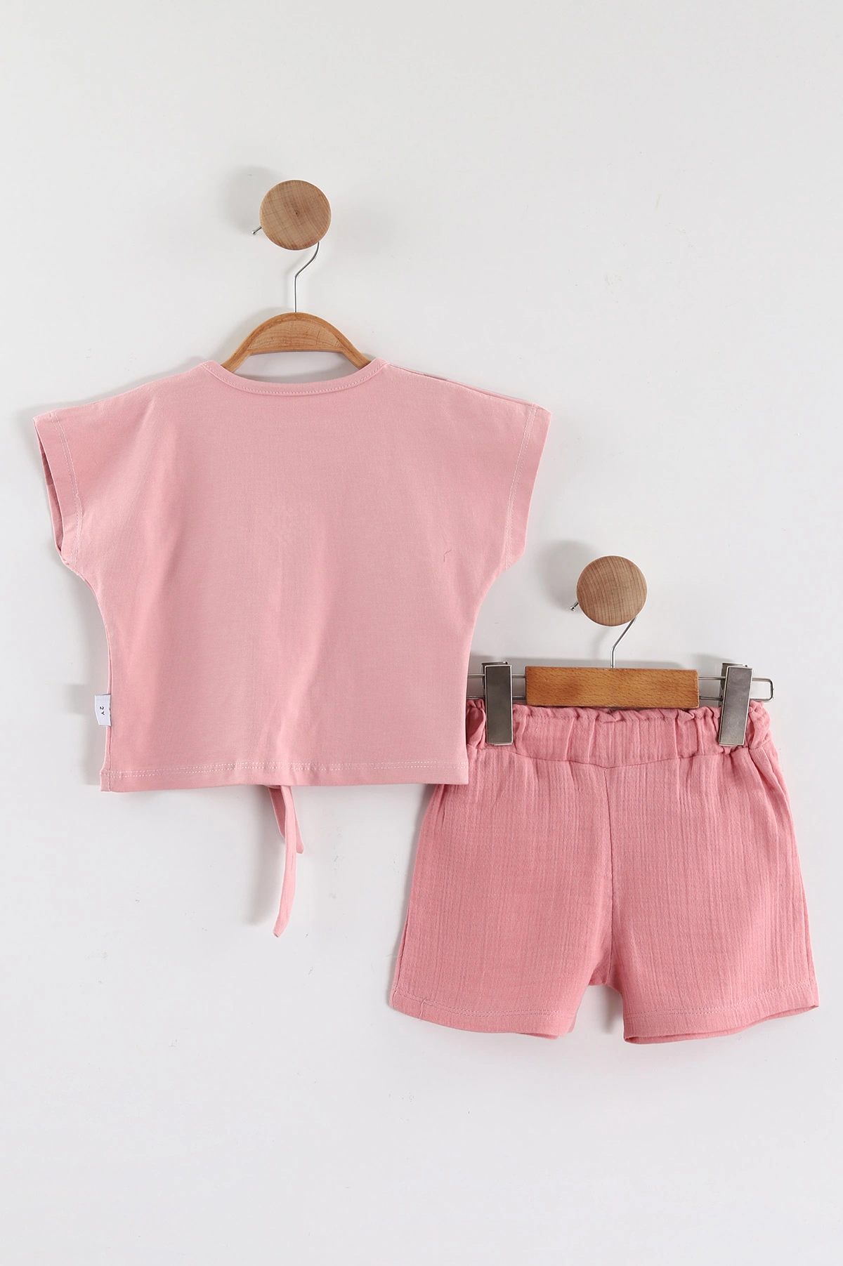 Pembe (2-5 Yaş)Taşlı Baskılı Bel Bağlamalı  Müslin Şortlu Kız Çocuk Takım 436291