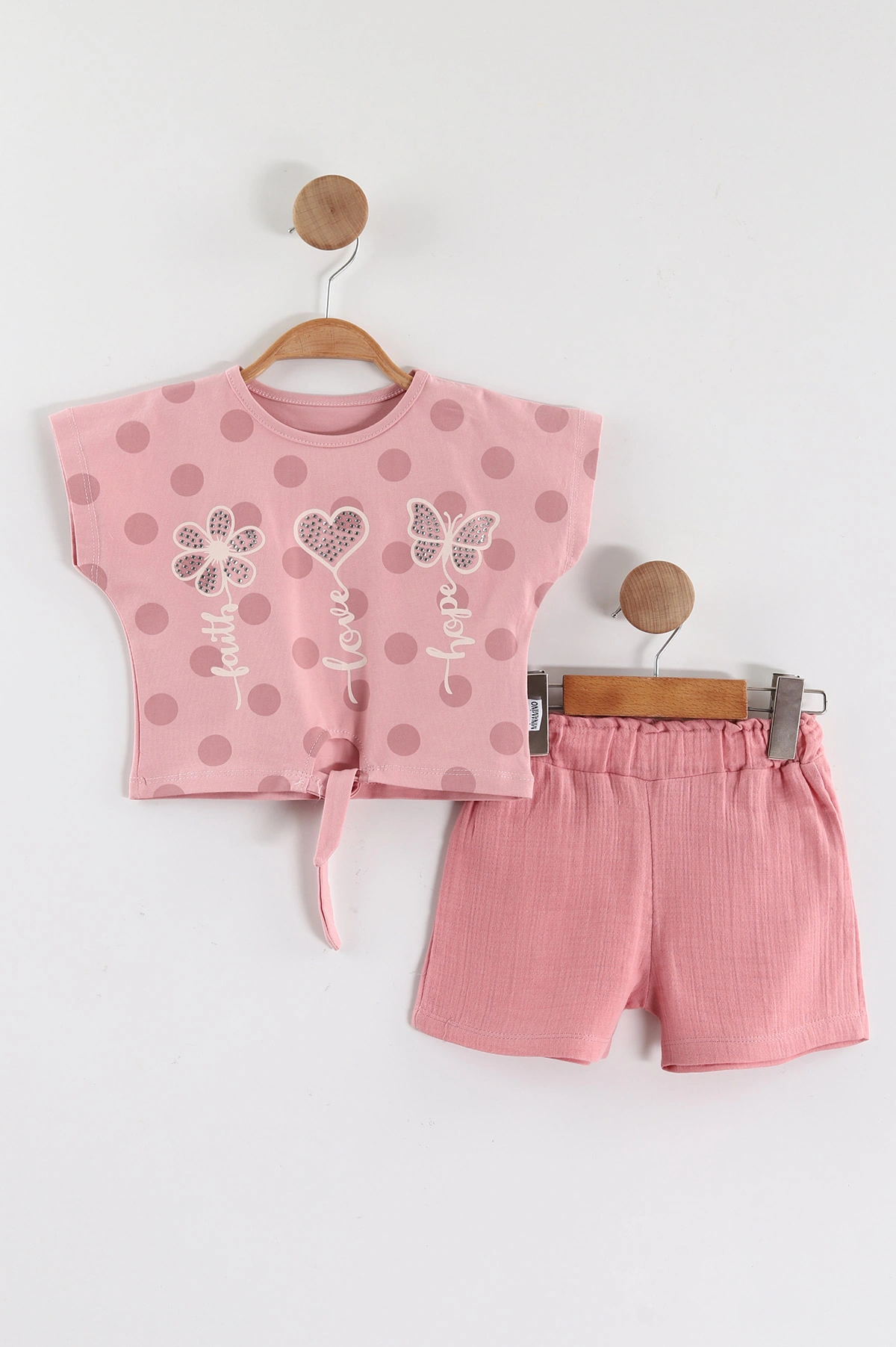 Pembe (2-5 Yaş)Taşlı Baskılı Bel Bağlamalı  Müslin Şortlu Kız Çocuk Takım 436291