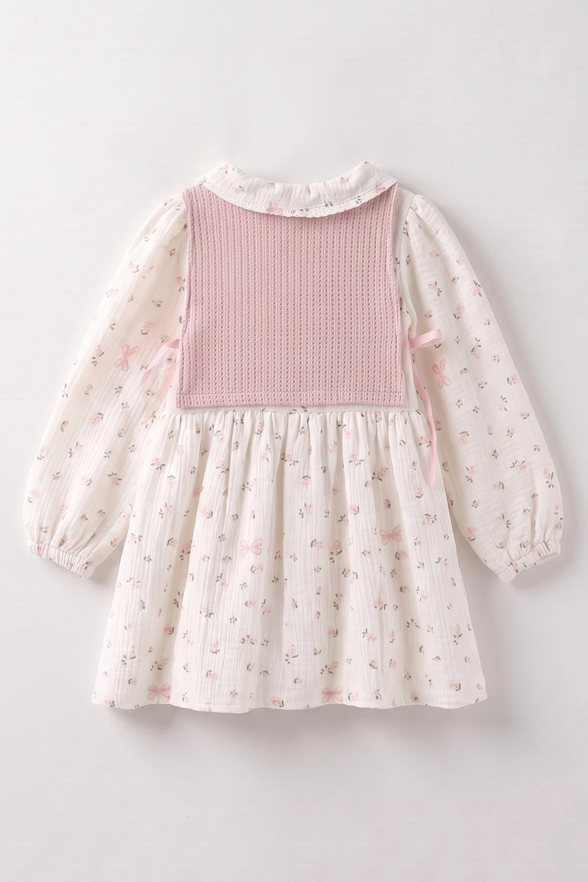 Pembe (2-6 Yaş) Çiçek Desenli Müslin Elbiseli Süveterli Kız Çocuk Elbise 483497