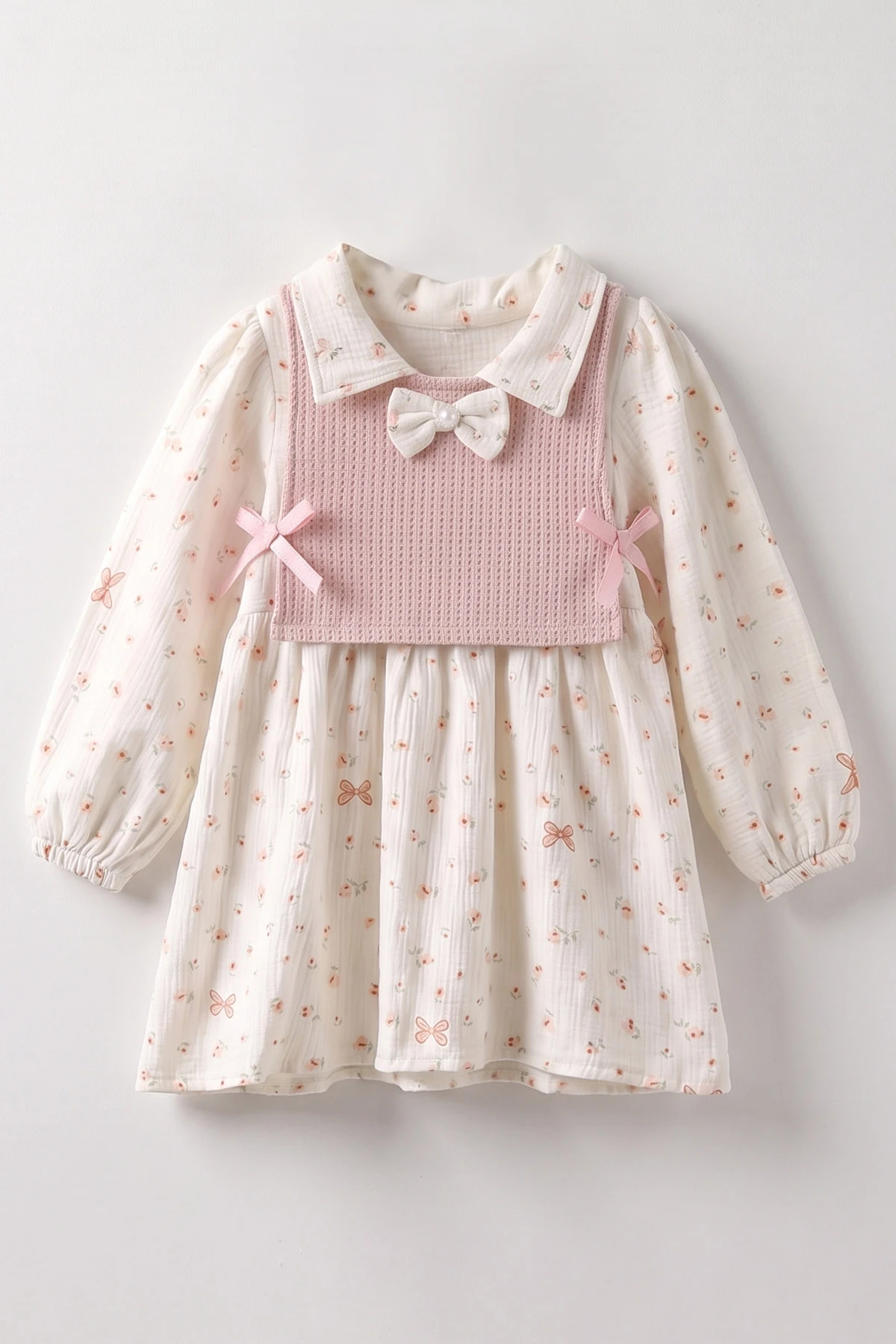 Pembe (2-6 Yaş) Çiçek Desenli Müslin Elbiseli Süveterli Kız Çocuk Elbise 483497