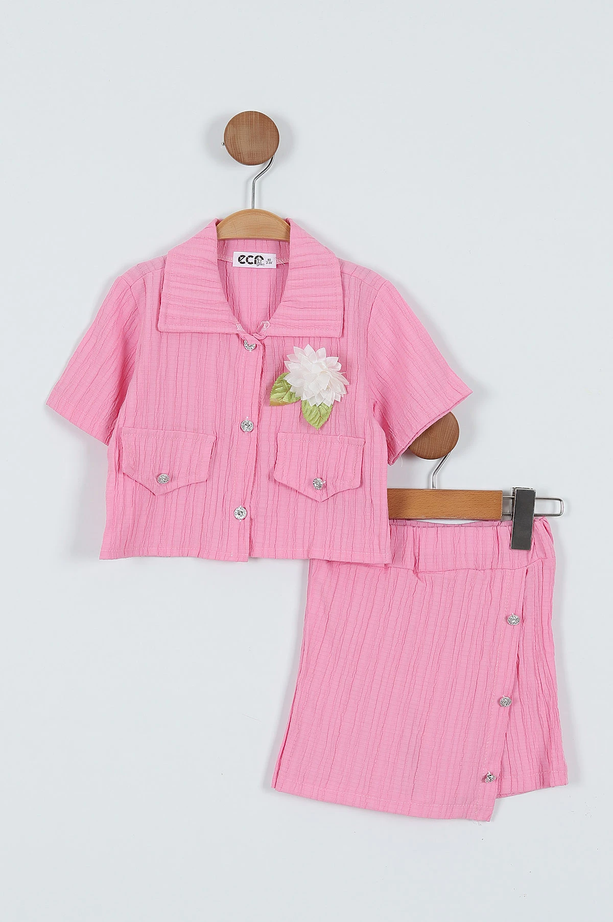 Pembe ( 2-6 Yaş) Düğmeli Çiçek Broşlu Şort Etekli Kız Çocuk Takım 342123