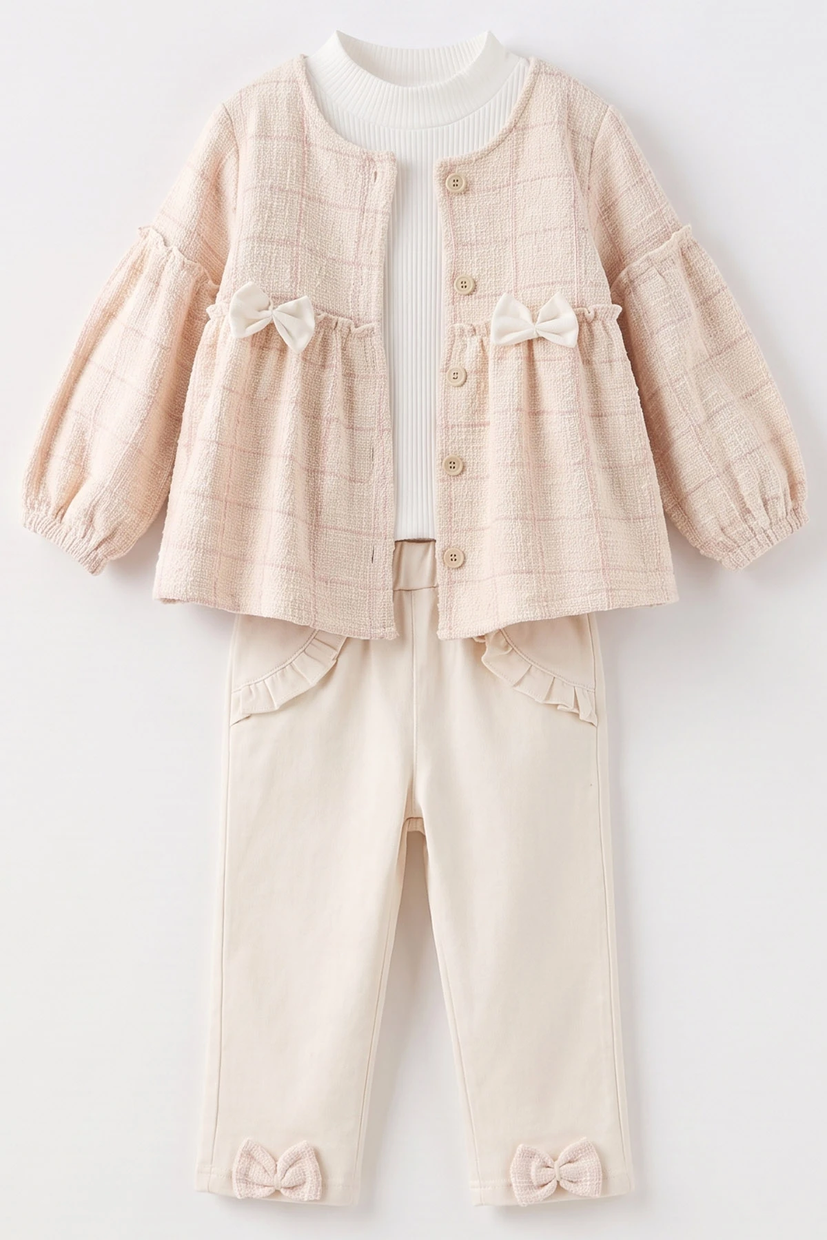 Pembe (2-6 Yaş) Fiyonklu Hırkalı ve  Gabardin Pantolonlu Kız Çocuk 3'lü Takım 483681