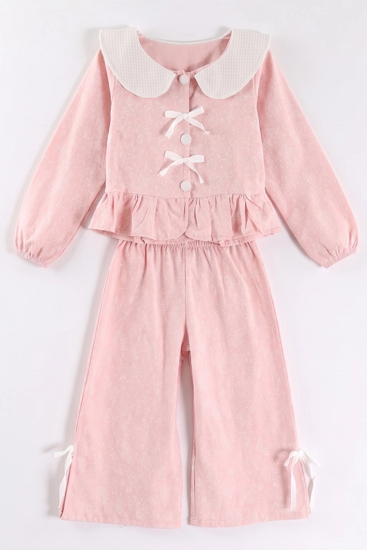 Pembe (2-6 Yaş) Geniş Yakalı Çiçek Desenli Fırfırlı Bol Paça Kız Çocuk Takım 483697