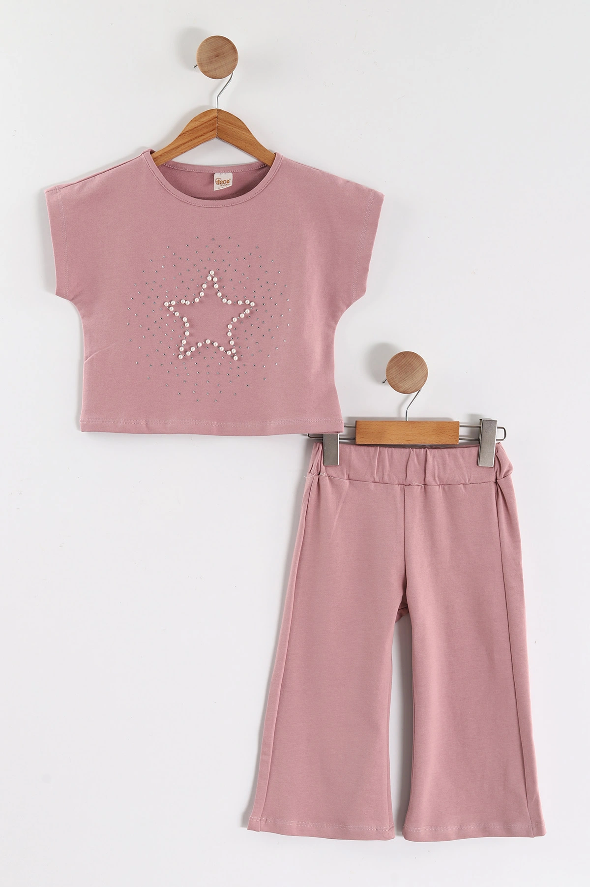 Pembe (2-6 Yaş) İncili Yıldız Baskılı Bol Paça  Pantolonlu  Süprem Kız Çocuk Yazlık Takım 449560