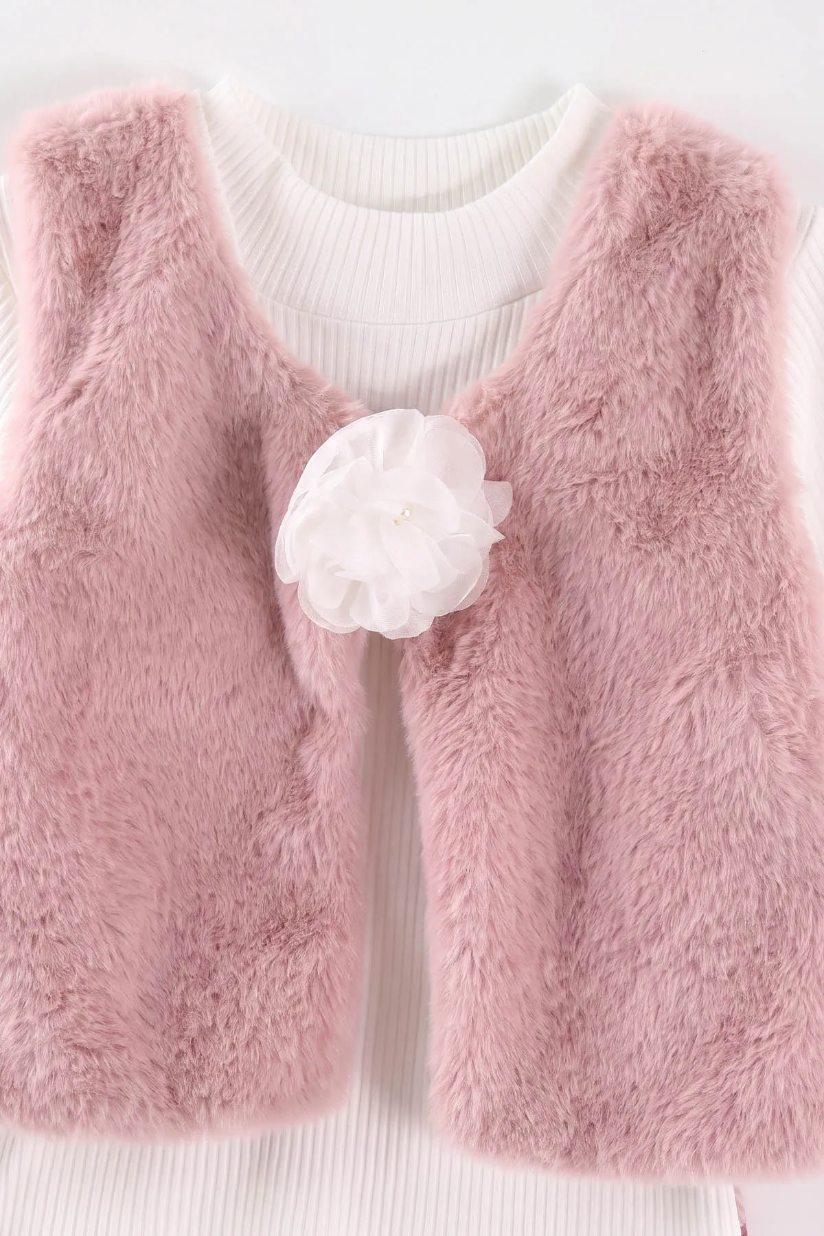 Pembe (2-6 Yaş) Kadife Pantolon ve Peluş Yelekli Kız Çocuk 3'lü Takım 483688